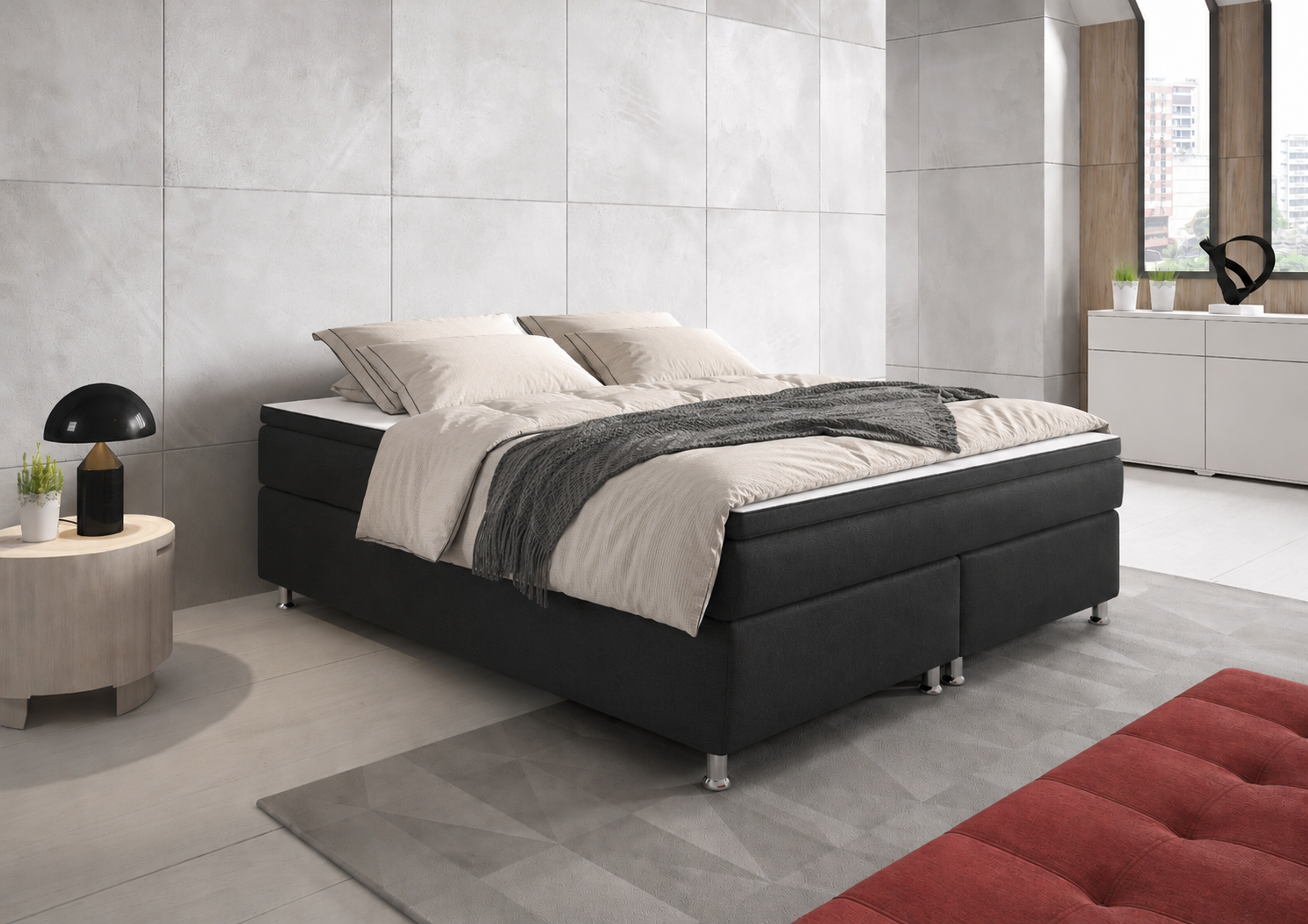 Box 180 cm mit 7 Zonen Taschenfederkernmatratze und Topper Webstoff Anthrazit