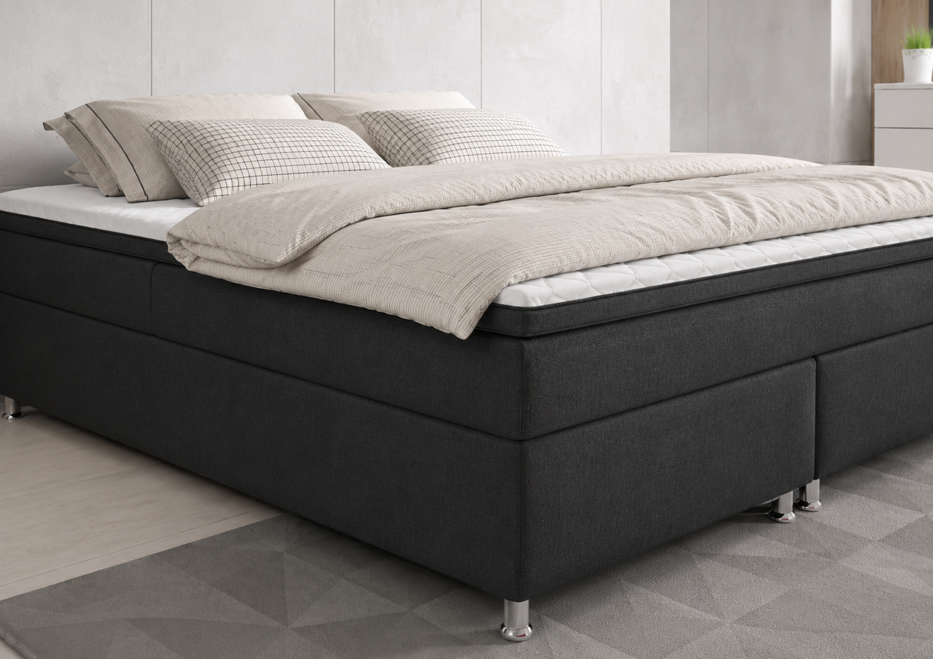 Box 180 cm mit 7 Zonen Taschenfederkernmatratze und Topper Webstoff Anthrazit