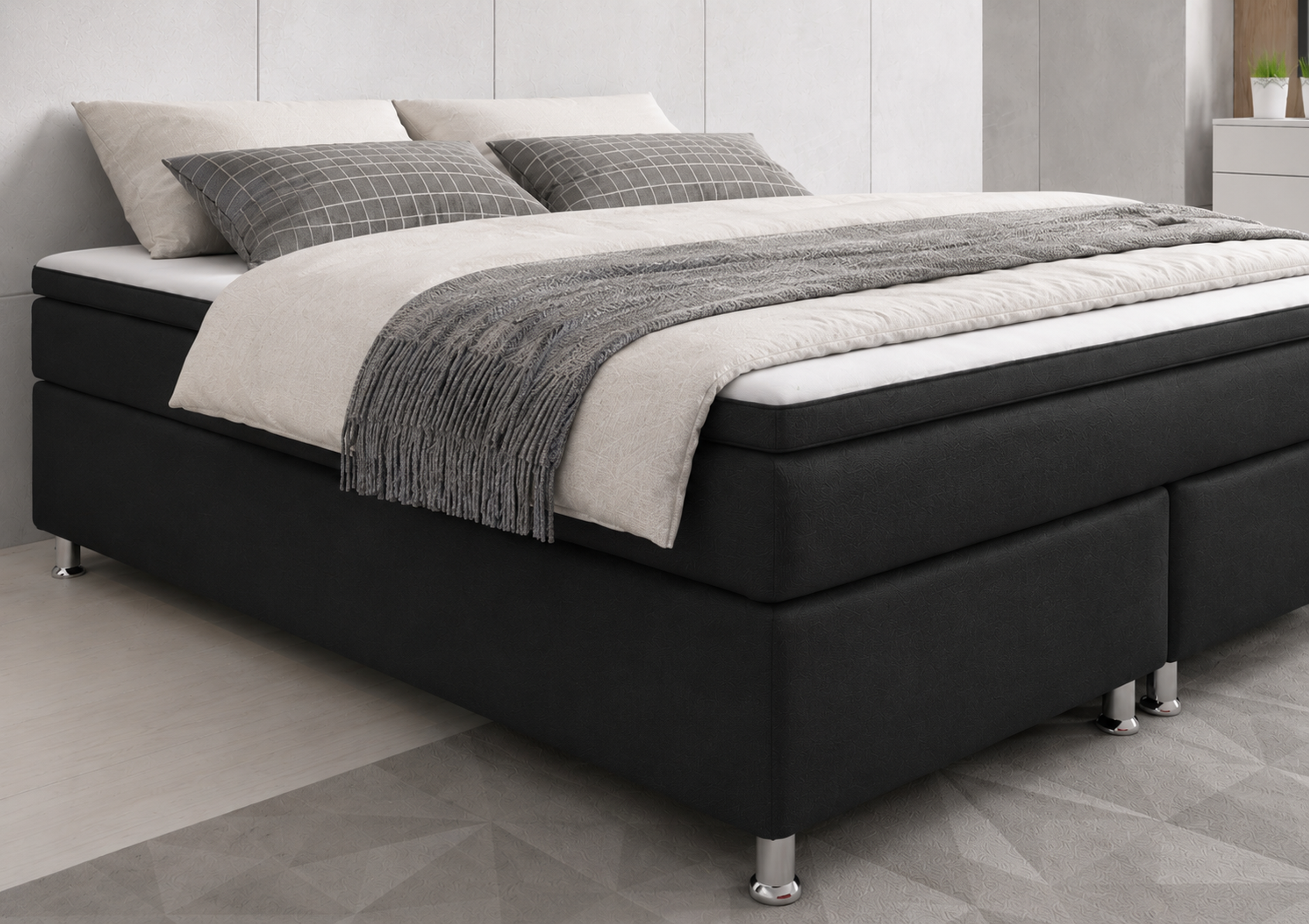 Box 180 cm mit 7 Zonen Taschenfederkernmatratze und Topper Webstoff Schwarz