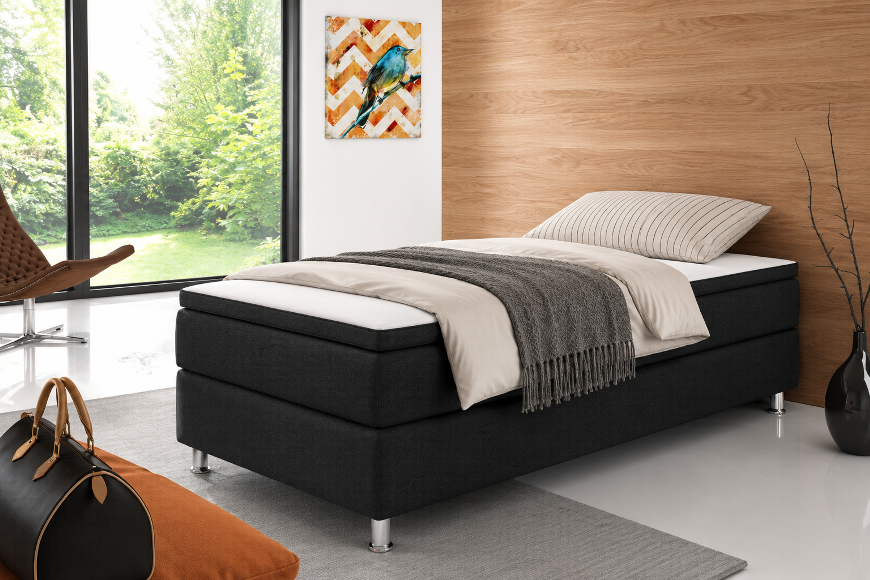 Box 90 cm mit 7 Zonen Taschenfederkernmatratze und Topper Webstoff Schwarz