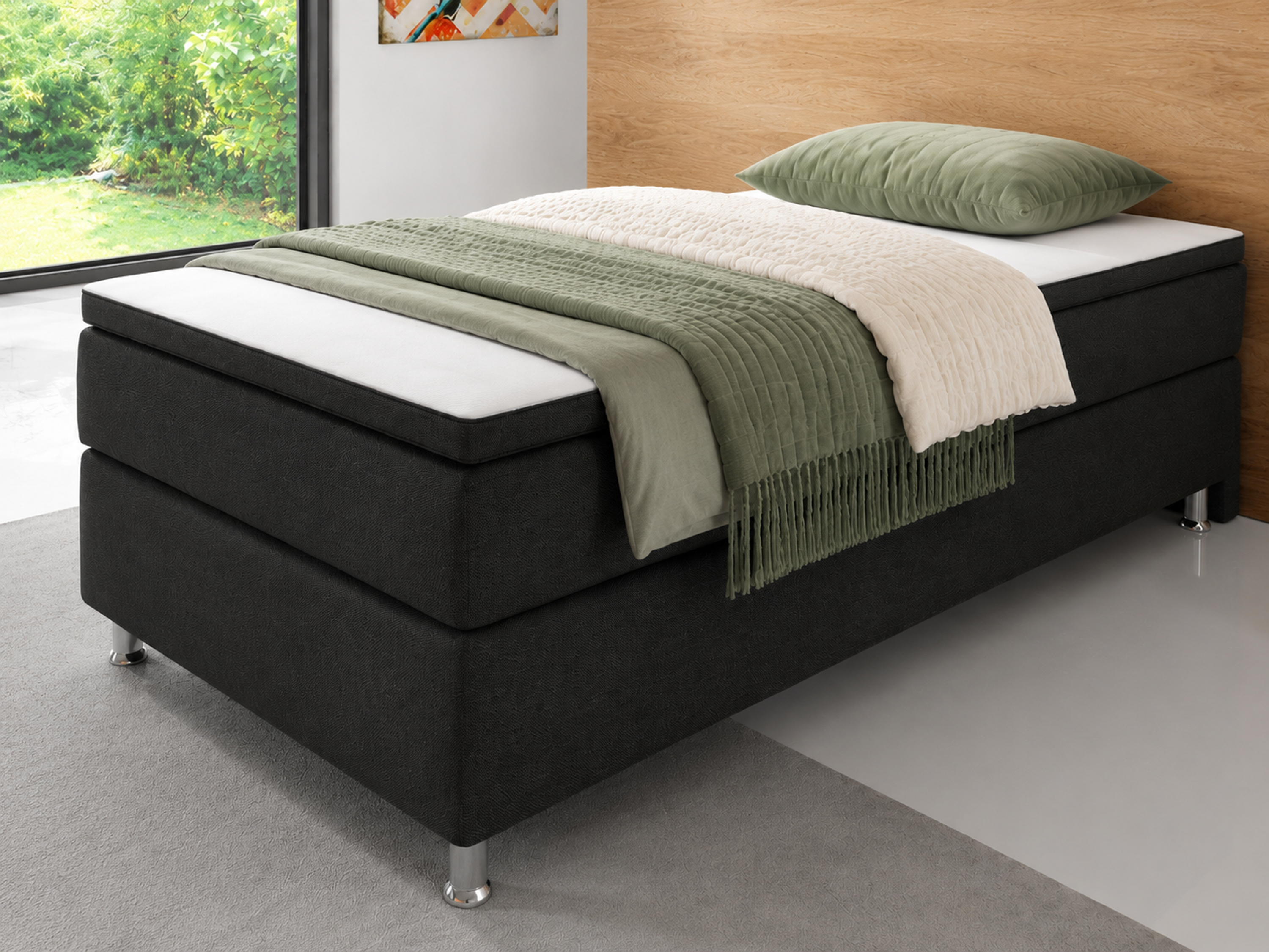 Box 90 cm mit 7 Zonen Taschenfederkernmatratze und Topper Webstoff Schwarz