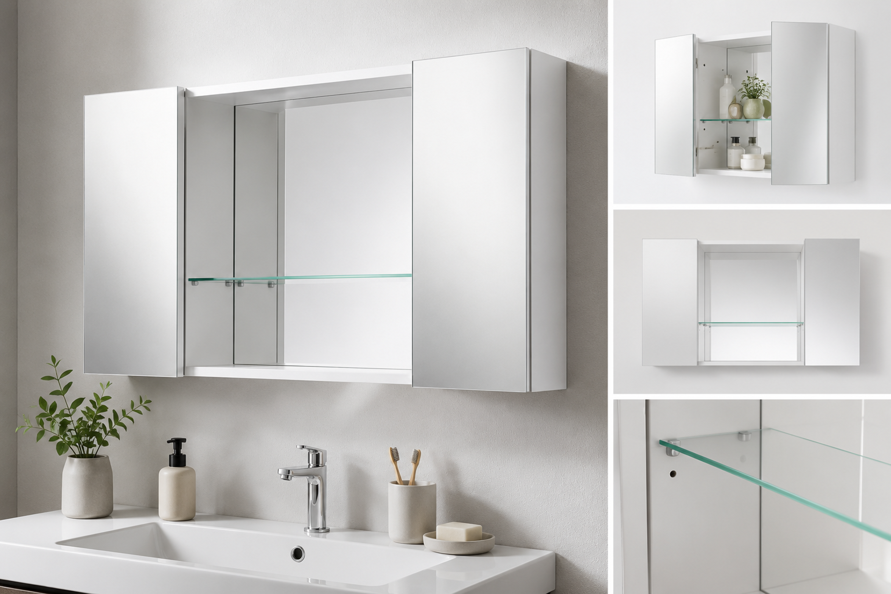 Spiegelschrank Debby 85x50 cm – Weiß, 2-türig mit Glasböden