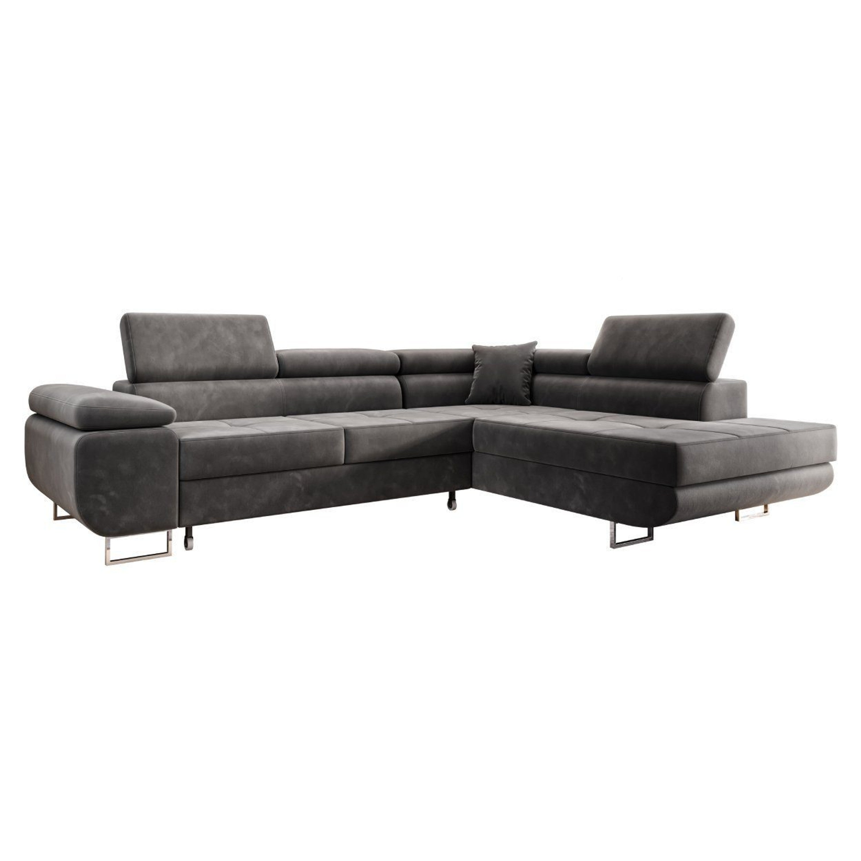 Ecksofa MALTA Samt Grau 277x203 cm – Ottomane rechts, Bettfunktion - Interbed