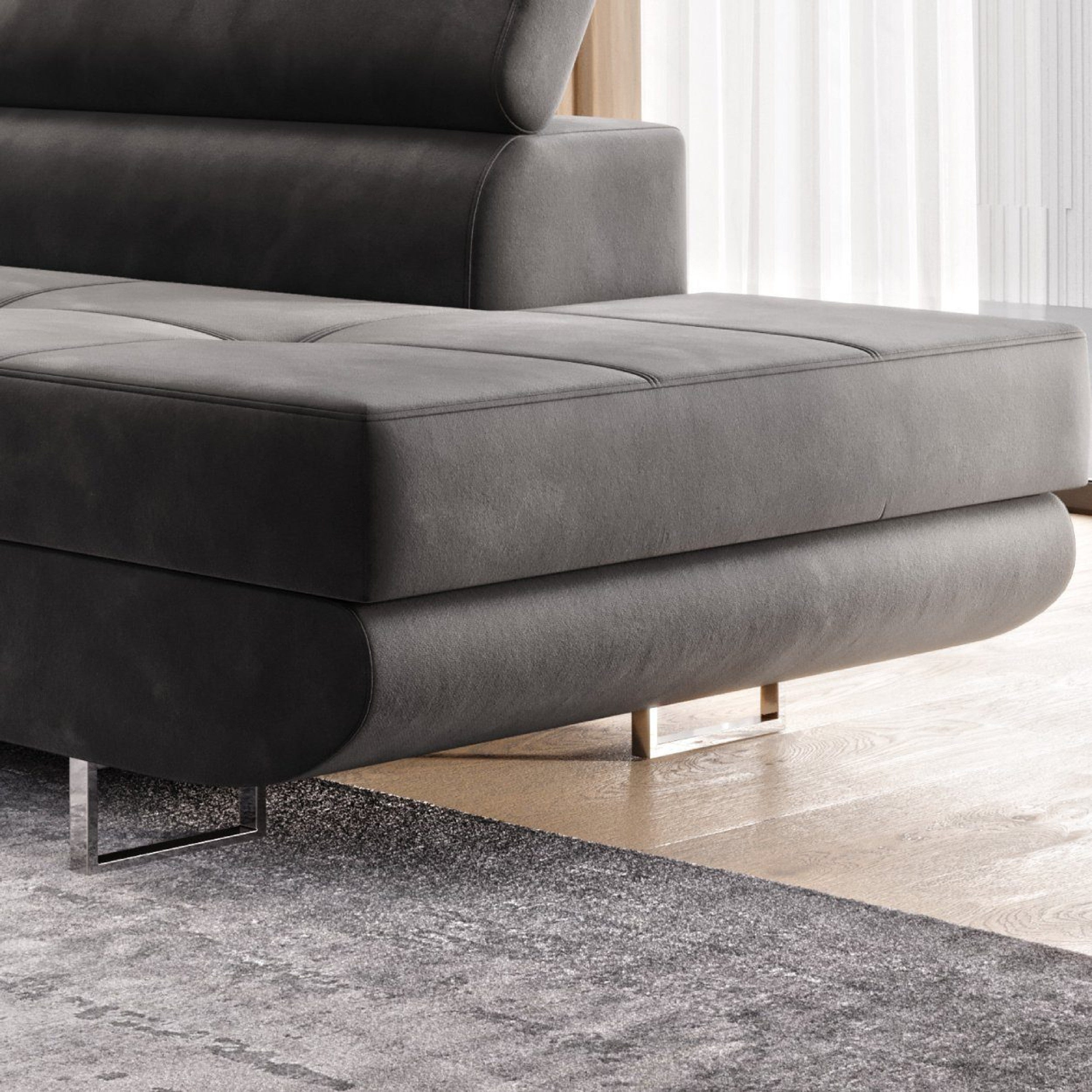Ecksofa MALTA Samt Grau 277x203 cm – Ottomane rechts, Bettfunktion - Interbed