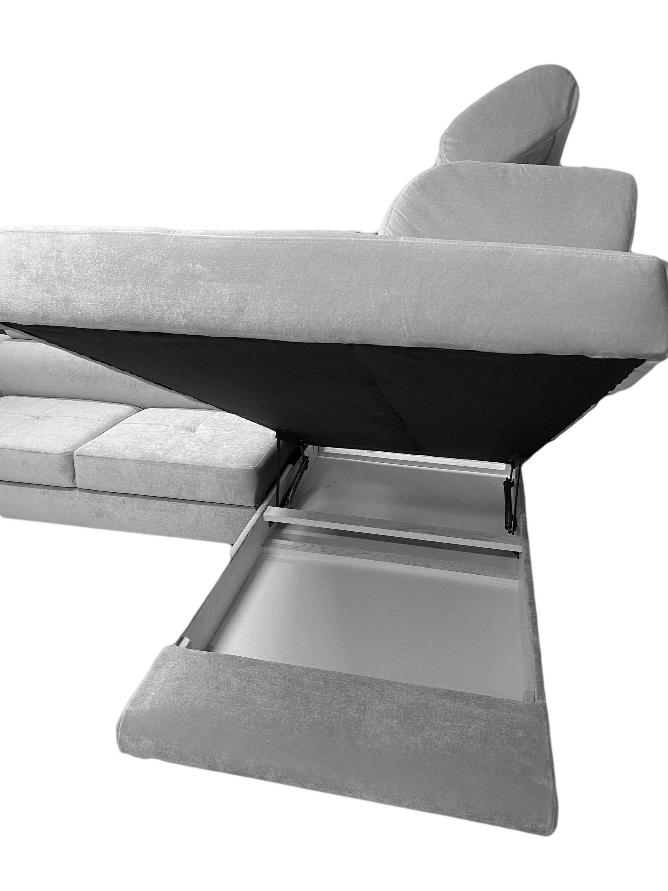Ecksofa MALTA Samt Grau 277x203 cm – Ottomane rechts, Bettfunktion - Interbed
