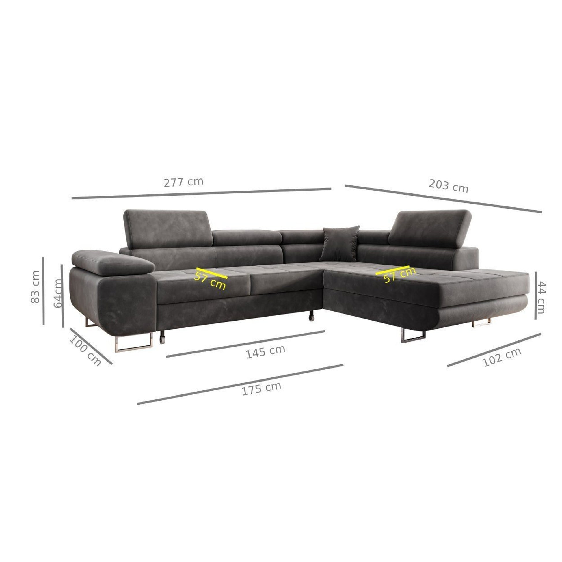 Ecksofa MALTA Samt Grau 277x203 cm – Ottomane rechts, Bettfunktion - Interbed