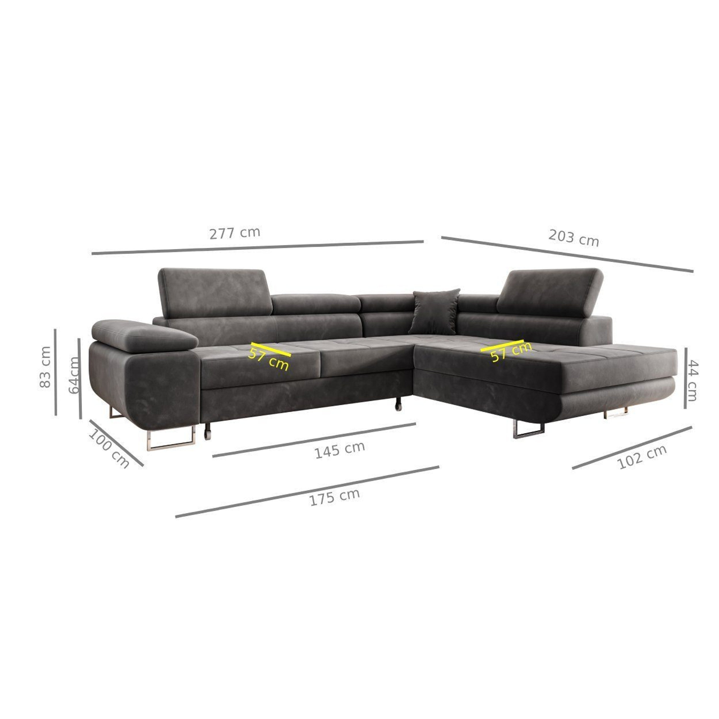 Ecksofa MALTA Samt Grau 277x203 cm – Ottomane rechts, Bettfunktion - Interbed