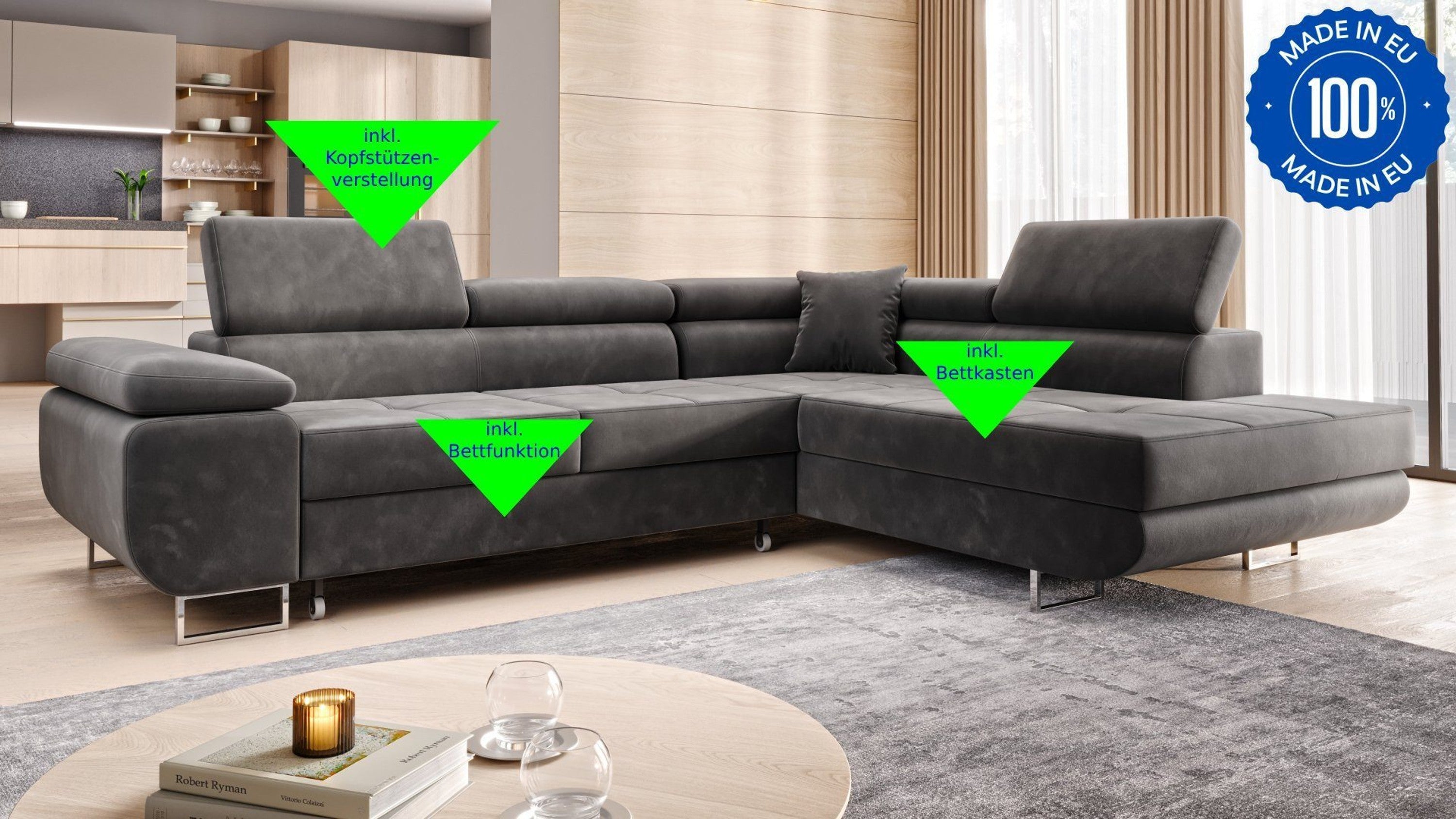 Ecksofa MALTA Samt Grau 277x203 cm – Ottomane rechts, Bettfunktion - Interbed