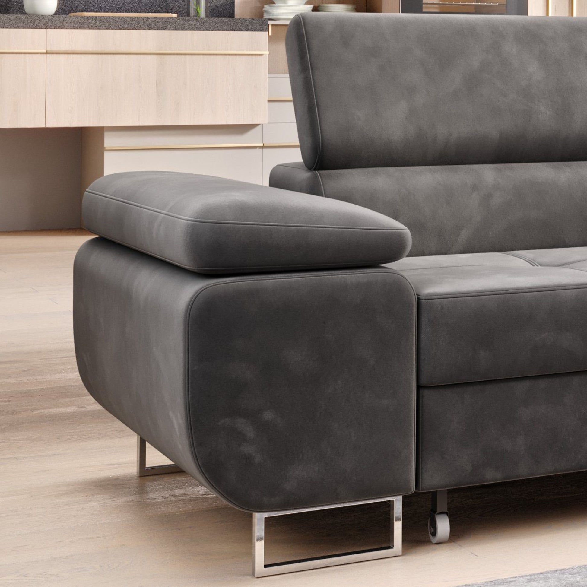 Ecksofa MALTA Samt Grau 277x203 cm – Ottomane rechts, Bettfunktion - Interbed