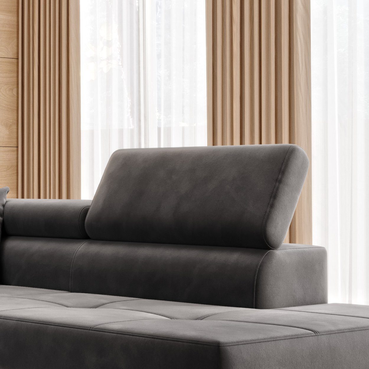 Ecksofa MALTA Samt Grau 277x203 cm – Ottomane rechts, Bettfunktion - Interbed