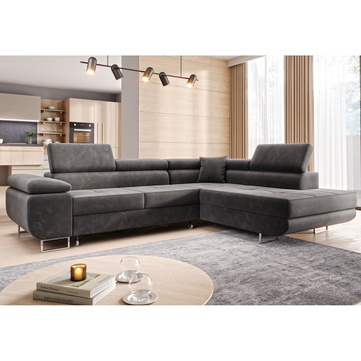 Ecksofa MALTA Samt Grau 277x203 cm – Ottomane rechts, Bettfunktion - Interbed
