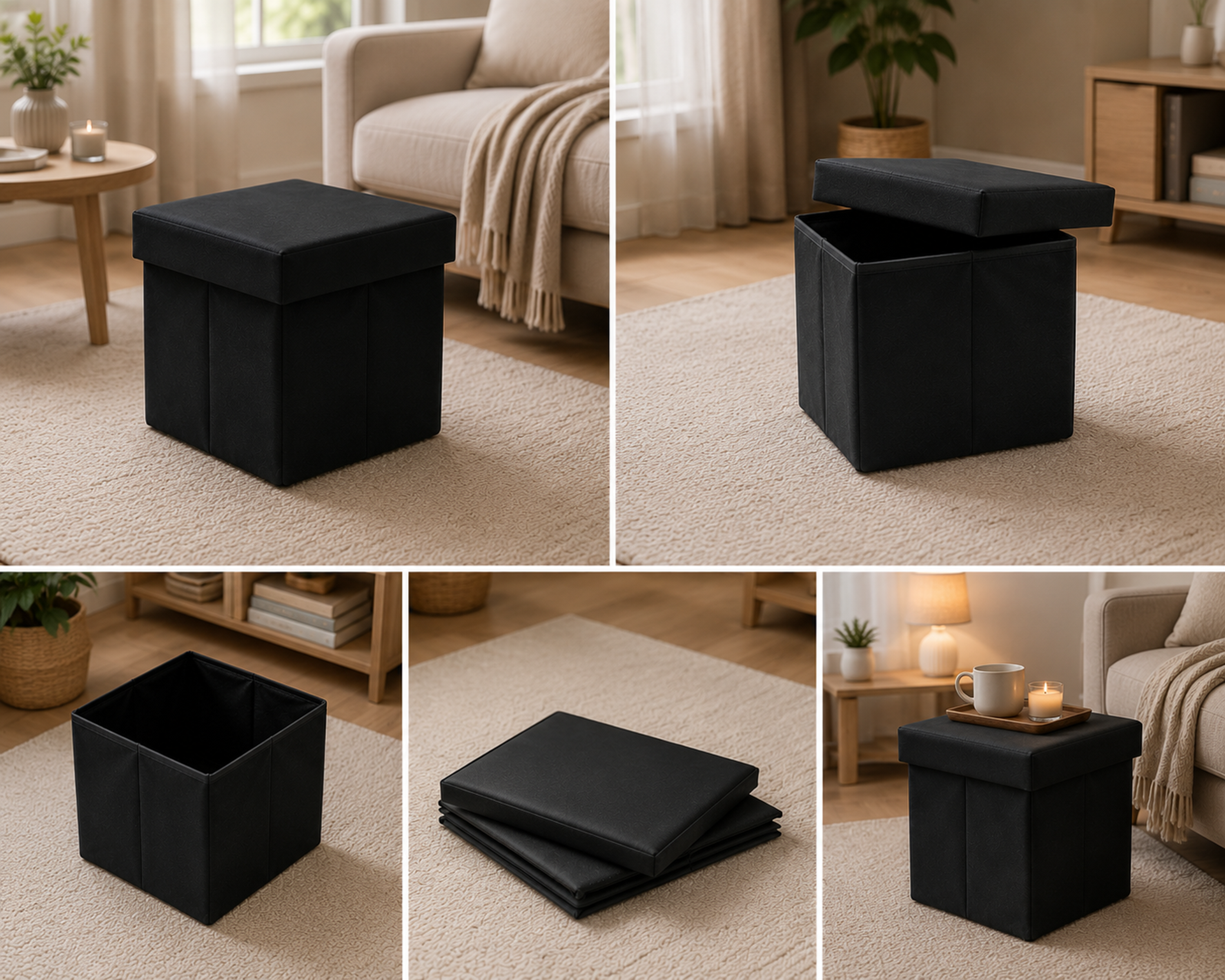 Hocker Box Faltbare Sitzbank mit abnehmbaren Deckel und Stauraum Schwarz - Interbed