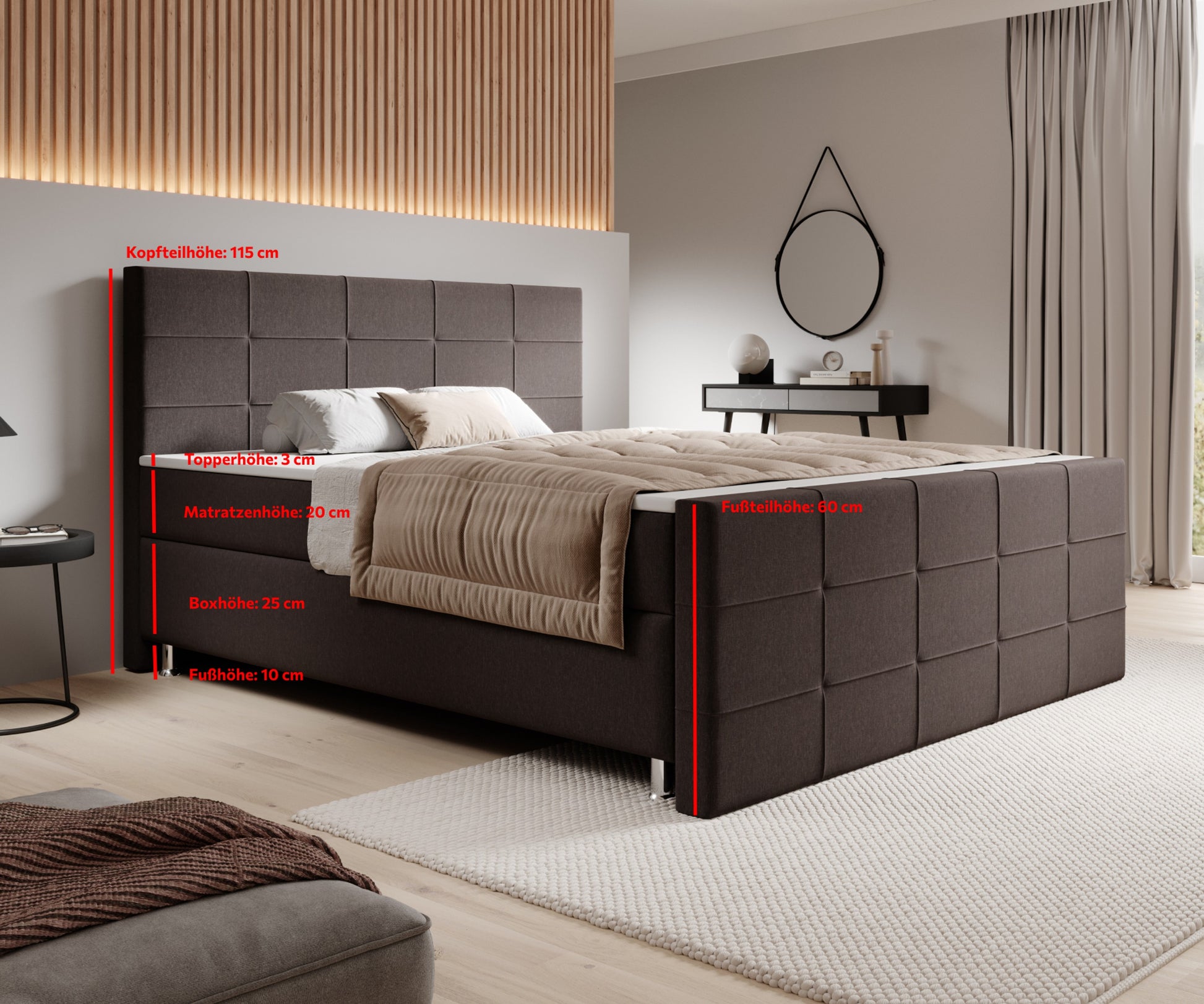 Boxspringbett F004 180x200 cm Webstoff Braun – Visco‑Topper & 7‑Zonen - Interbed