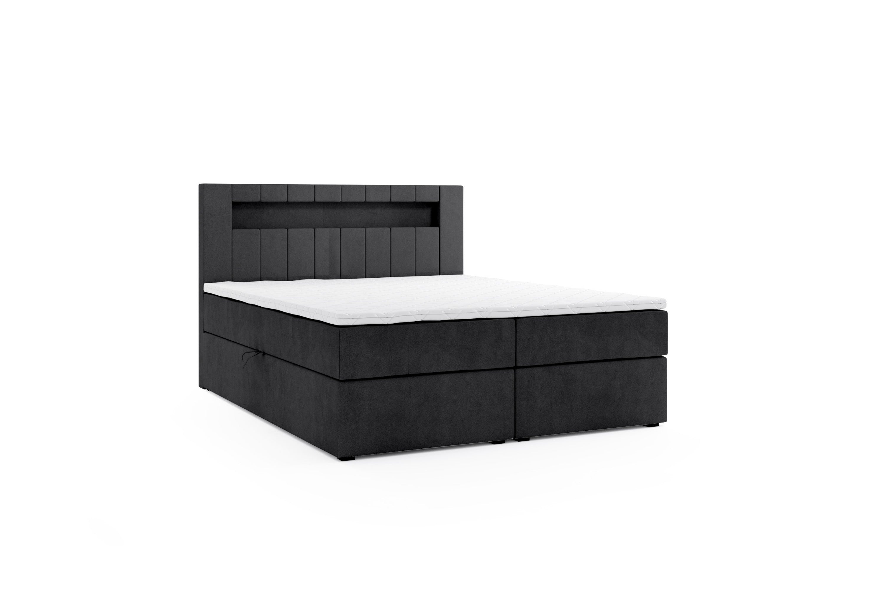 Boxbett HANOI mit Bettkasten Visco Topper LED 180 x 200 cm Samtstoff SCHWARZ - Interbed