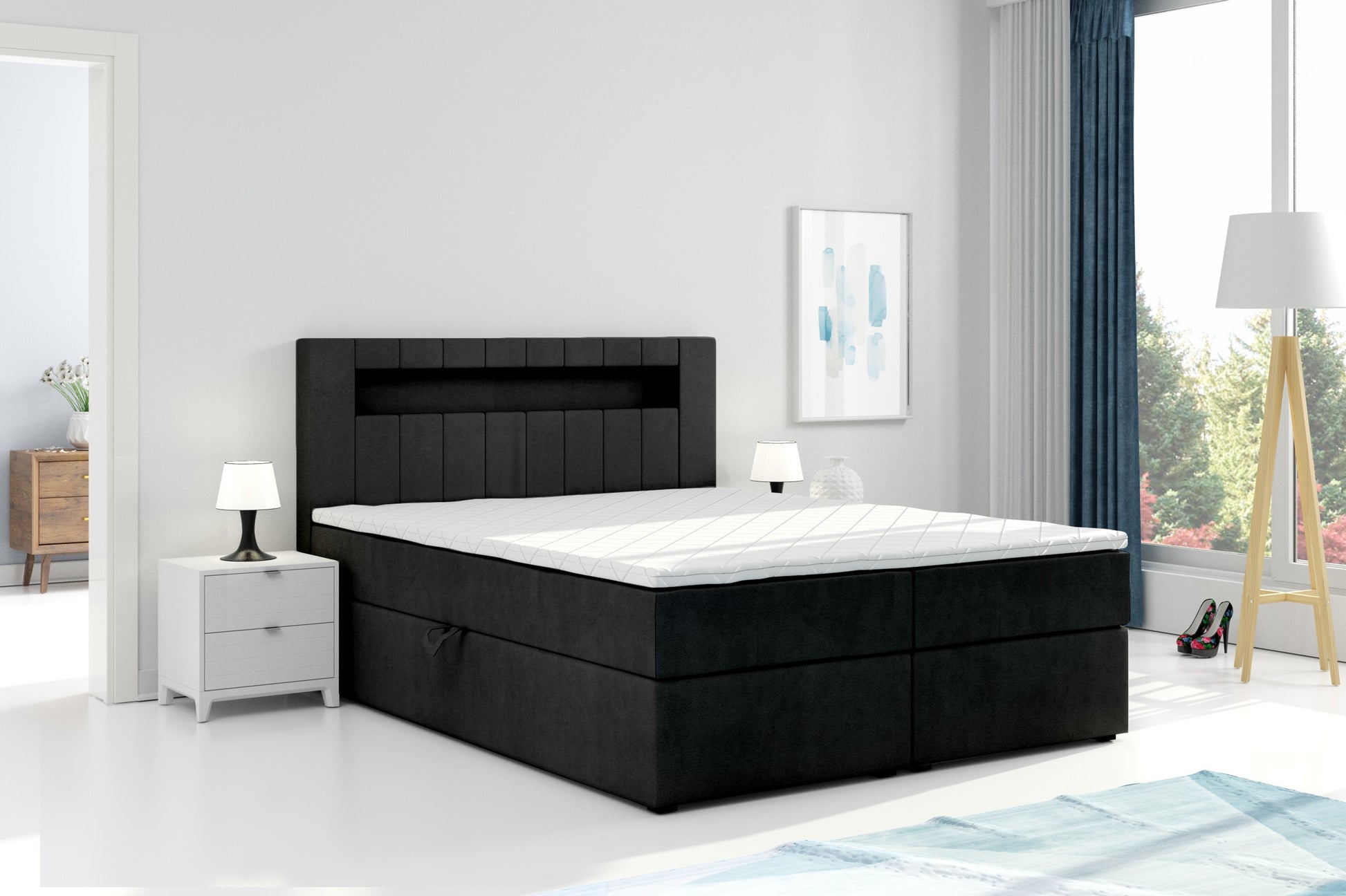 Boxbett HANOI mit Bettkasten Visco Topper LED 180 x 200 cm Samtstoff SCHWARZ - Interbed
