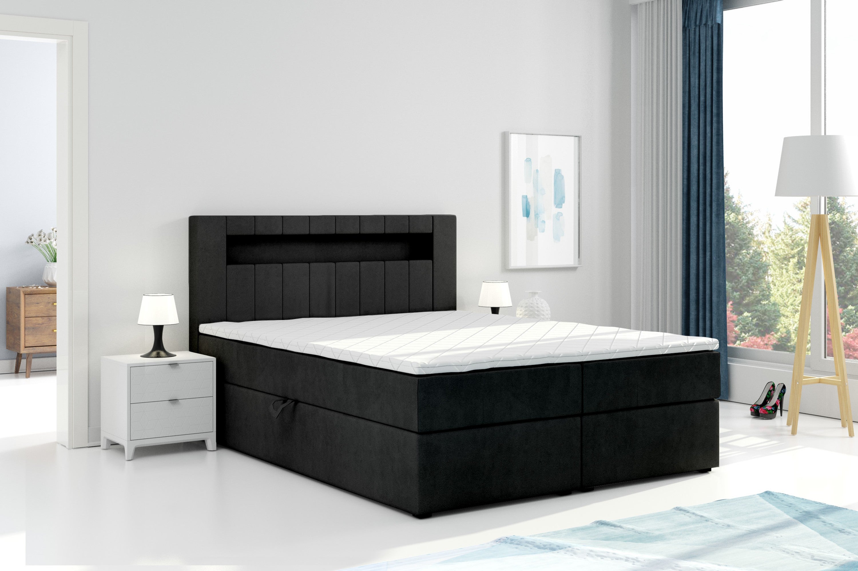 Boxbett HANOI mit Bettkasten Visco Topper LED 180 x 200 cm Samtstoff SCHWARZ - Interbed