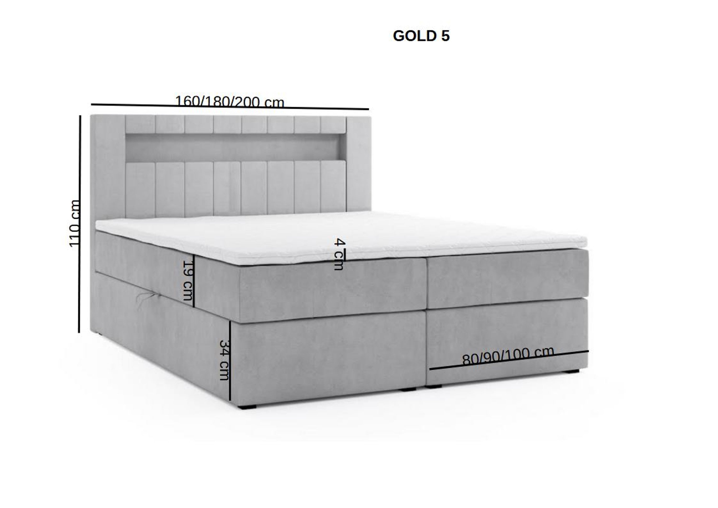 Boxbett HANOI mit Bettkasten Visco Topper LED 180 x 200 cm Samtstoff SCHWARZ - Interbed