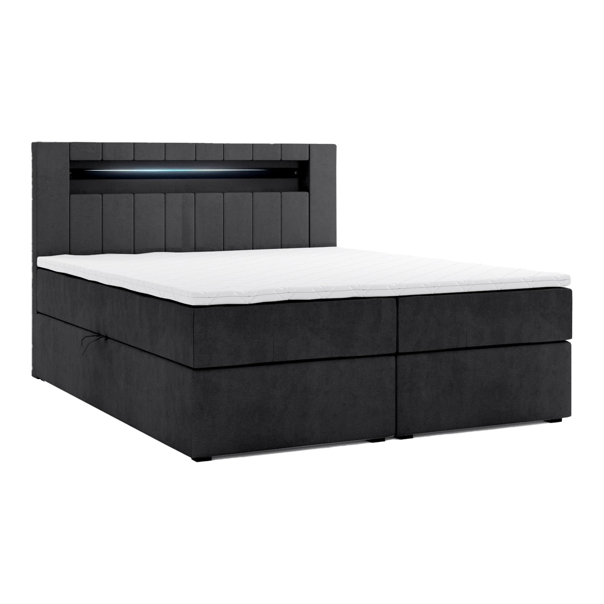 Boxbett HANOI mit Bettkasten Visco Topper LED 180 x 200 cm Samtstoff SCHWARZ - Interbed