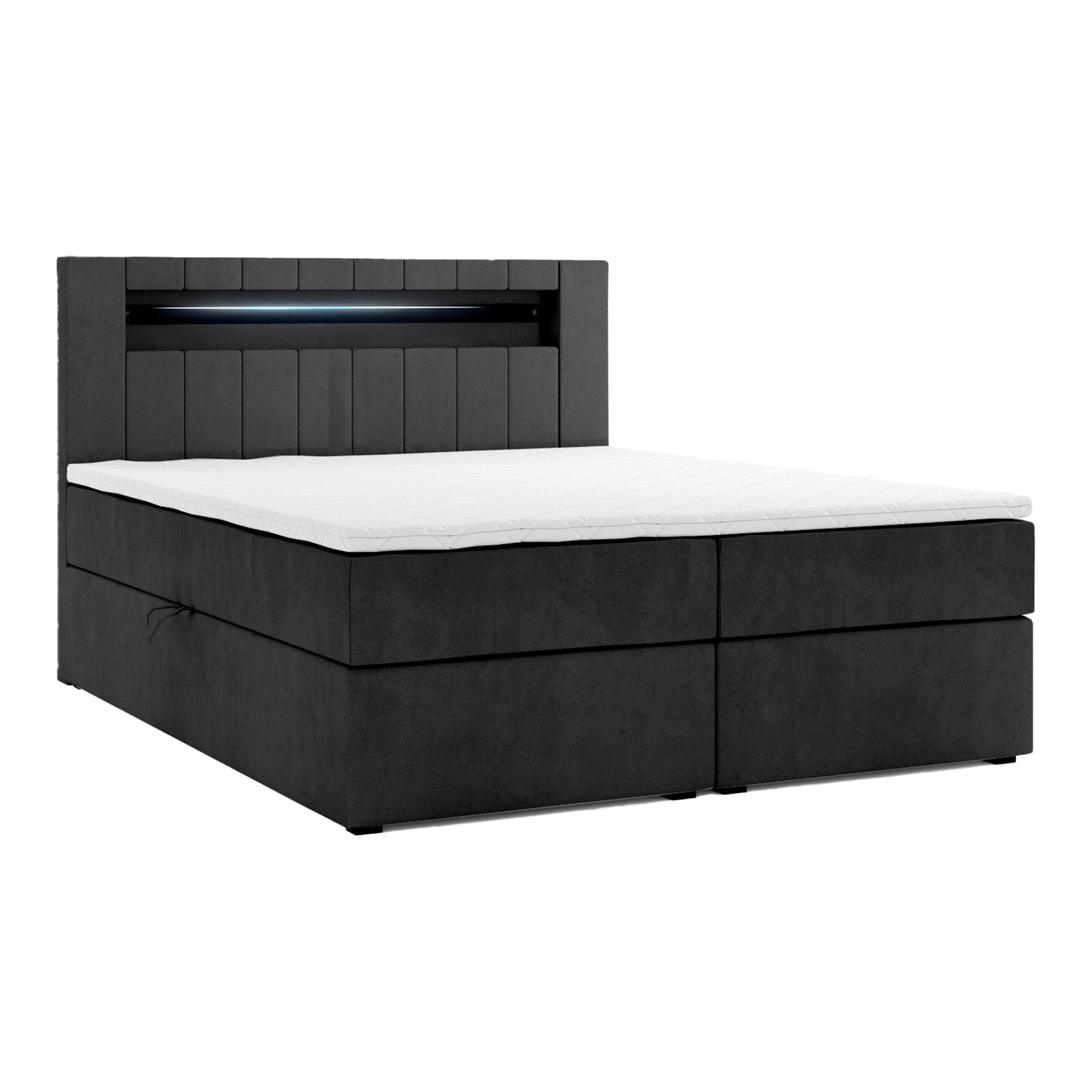 Boxbett HANOI mit Bettkasten Visco Topper LED 180 x 200 cm Samtstoff SCHWARZ - Interbed