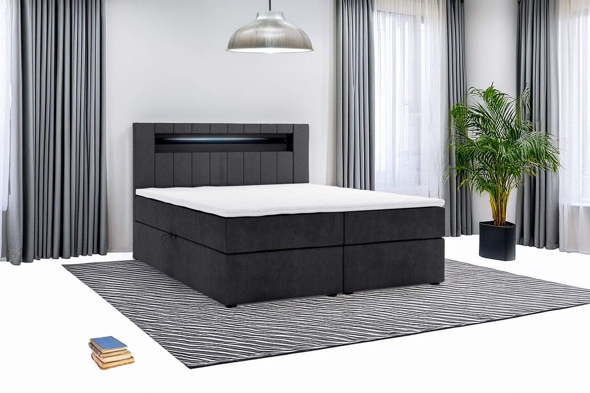 Boxbett HANOI mit Bettkasten Visco Topper LED 180 x 200 cm Samtstoff SCHWARZ - Interbed