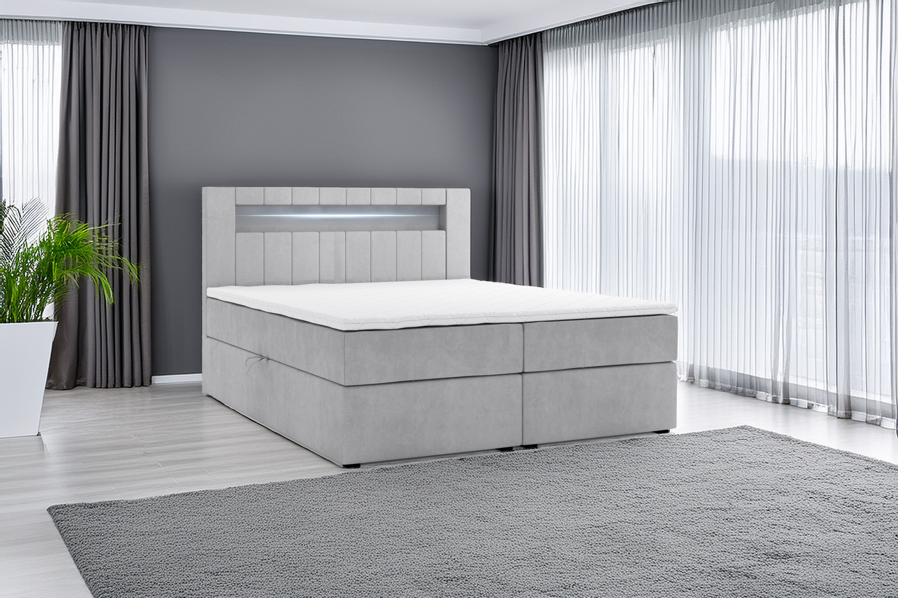 Boxbett HANOI mit Bettkasten Visco Topper LED 180 x 200 cm Samstoff GRAU - Interbed