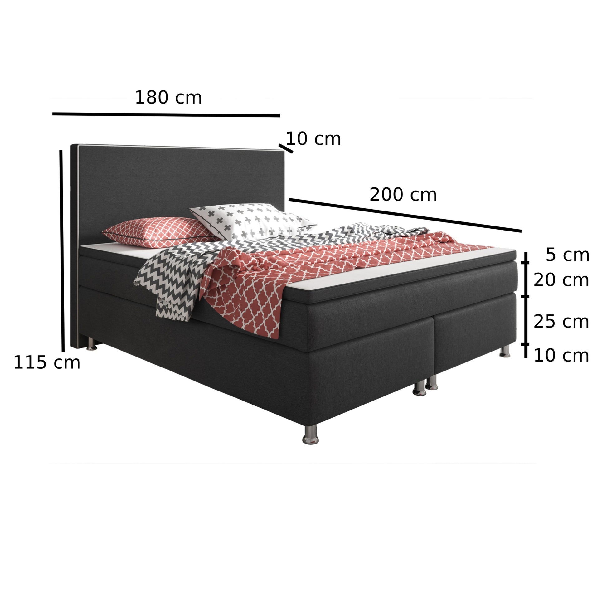 Boxspringbett K003 180x200 cm Anthrazit – Webstoff & PU-Topper - Interbed