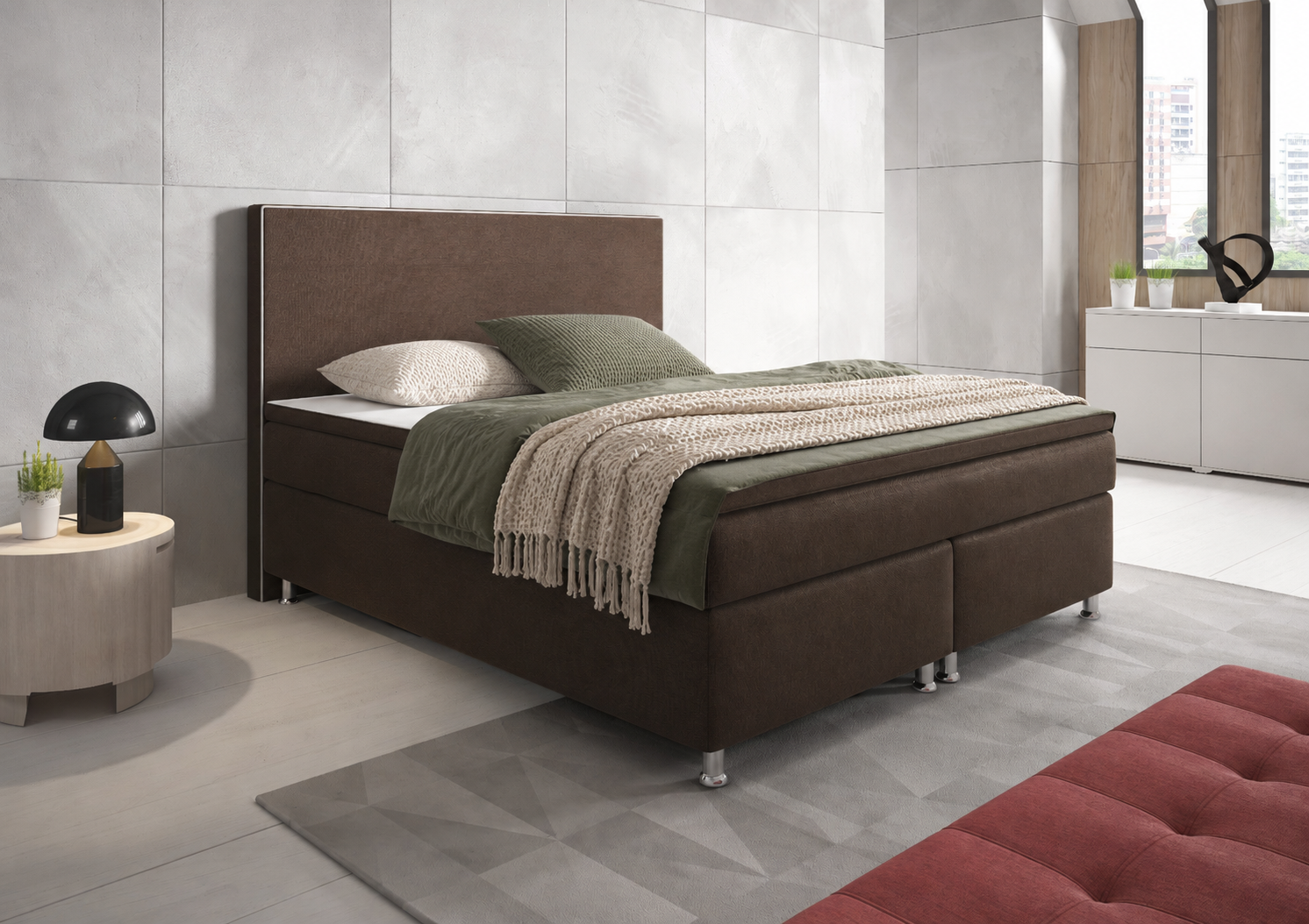 Boxspringbett King Size 180x200 cm Webstoff Braun – mit 5 cm PU-Topper