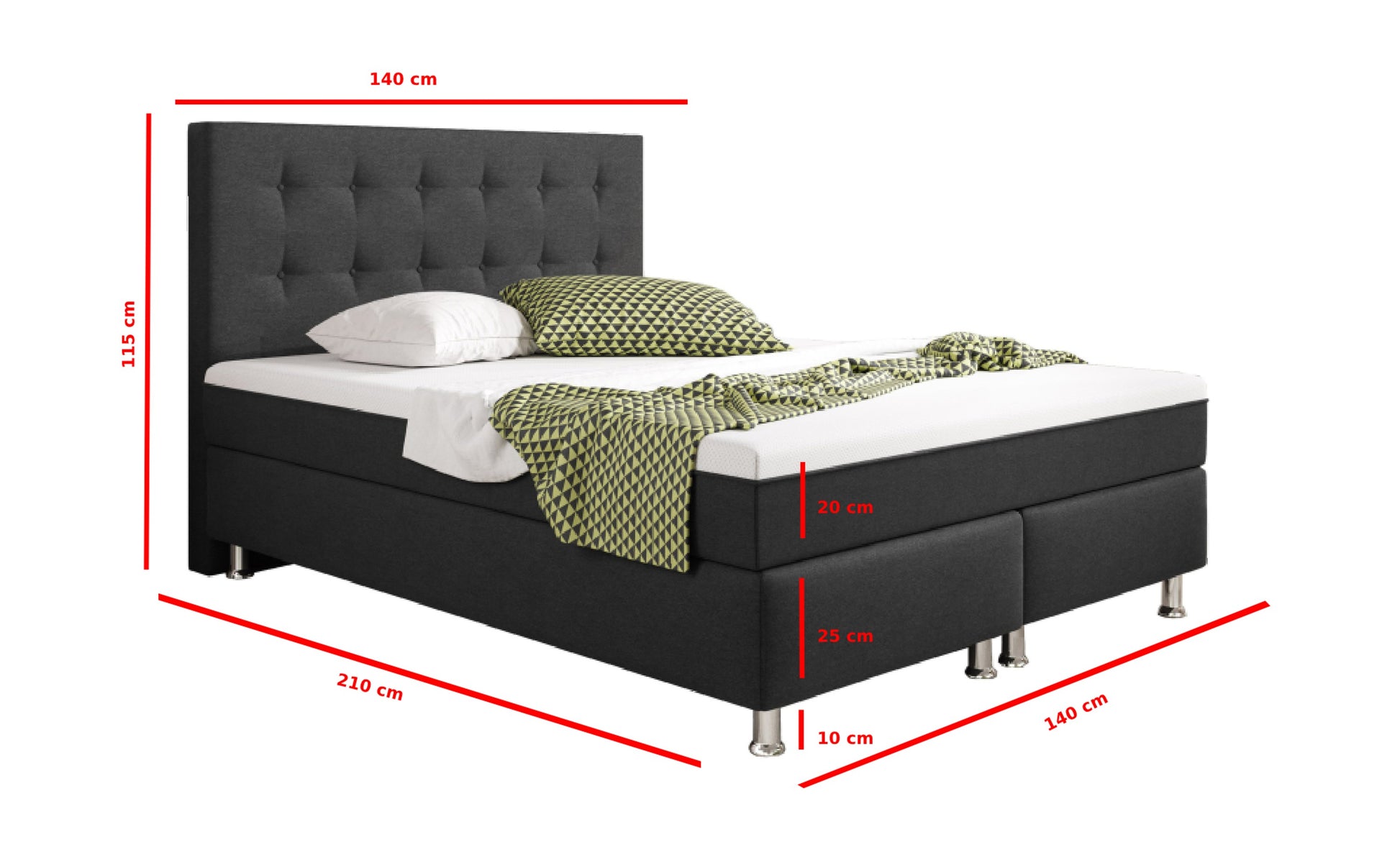 Boxspringbett Köln Plus 140x200 cm Webstoff Anthrazit mit Topper-Optik - Interbed