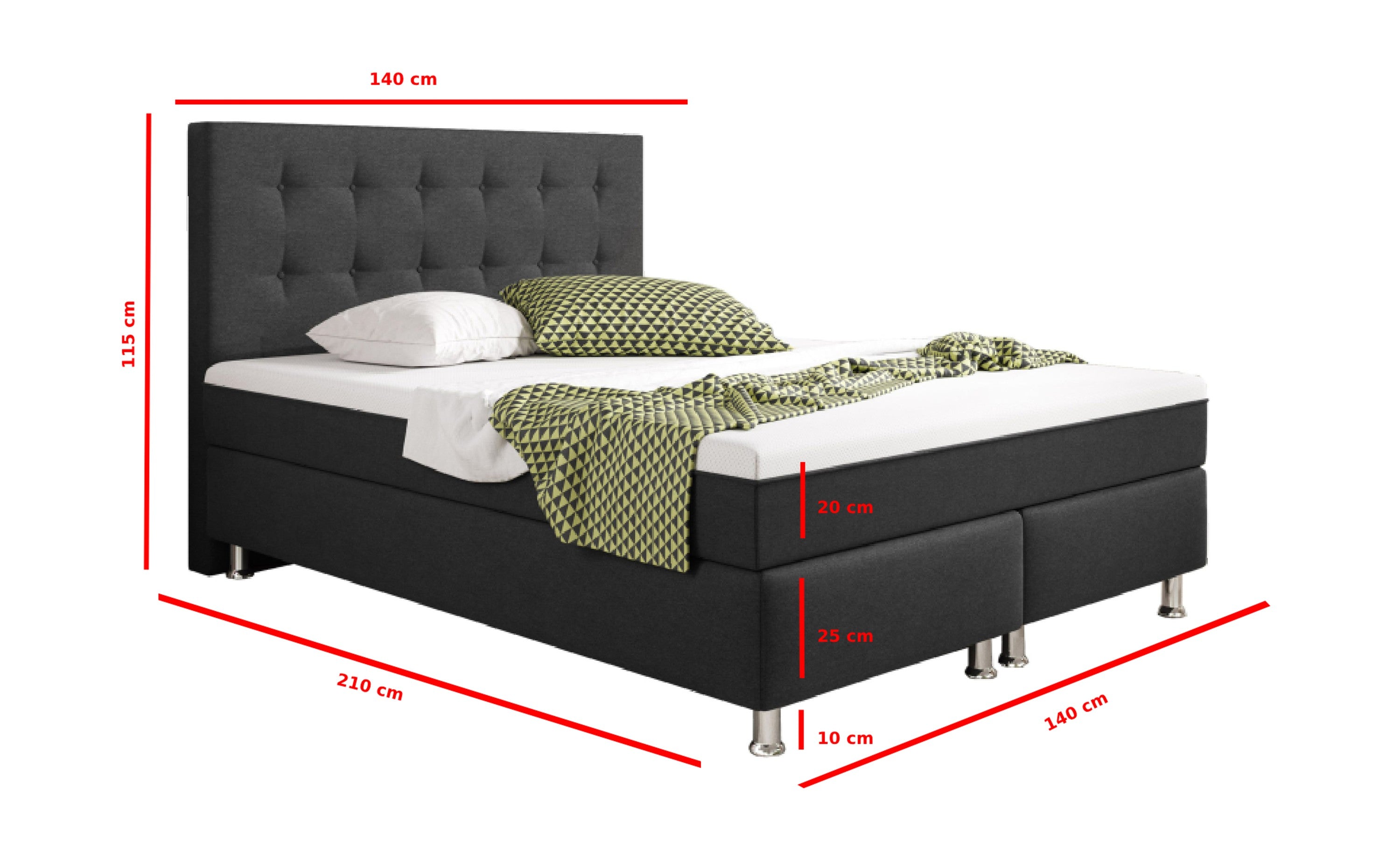 Boxspringbett Köln Plus 140x200 cm Webstoff Anthrazit mit Topper-Optik - Interbed