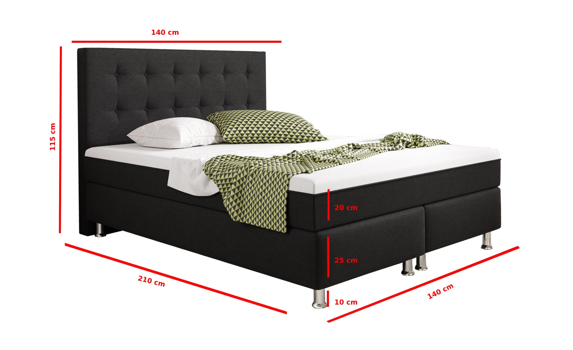 Boxspringbett Köln Plus 140x200 cm Webstoff Schwarz mit Topper-Optik - Interbed