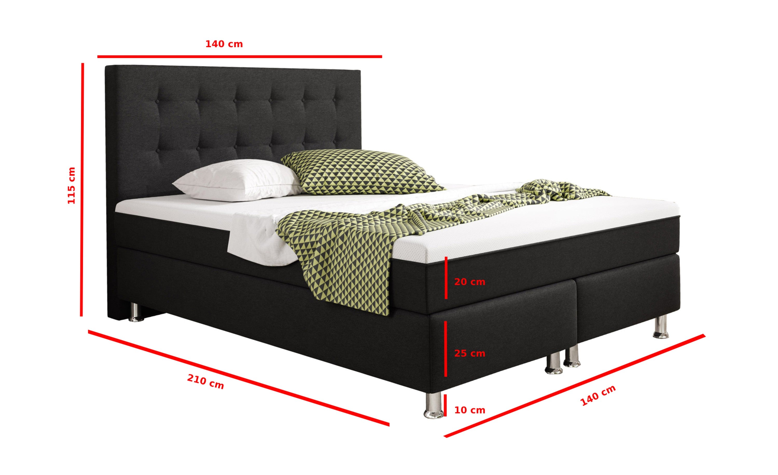 Boxspringbett Köln Plus 140x200 cm Webstoff Schwarz mit Topper-Optik - Interbed