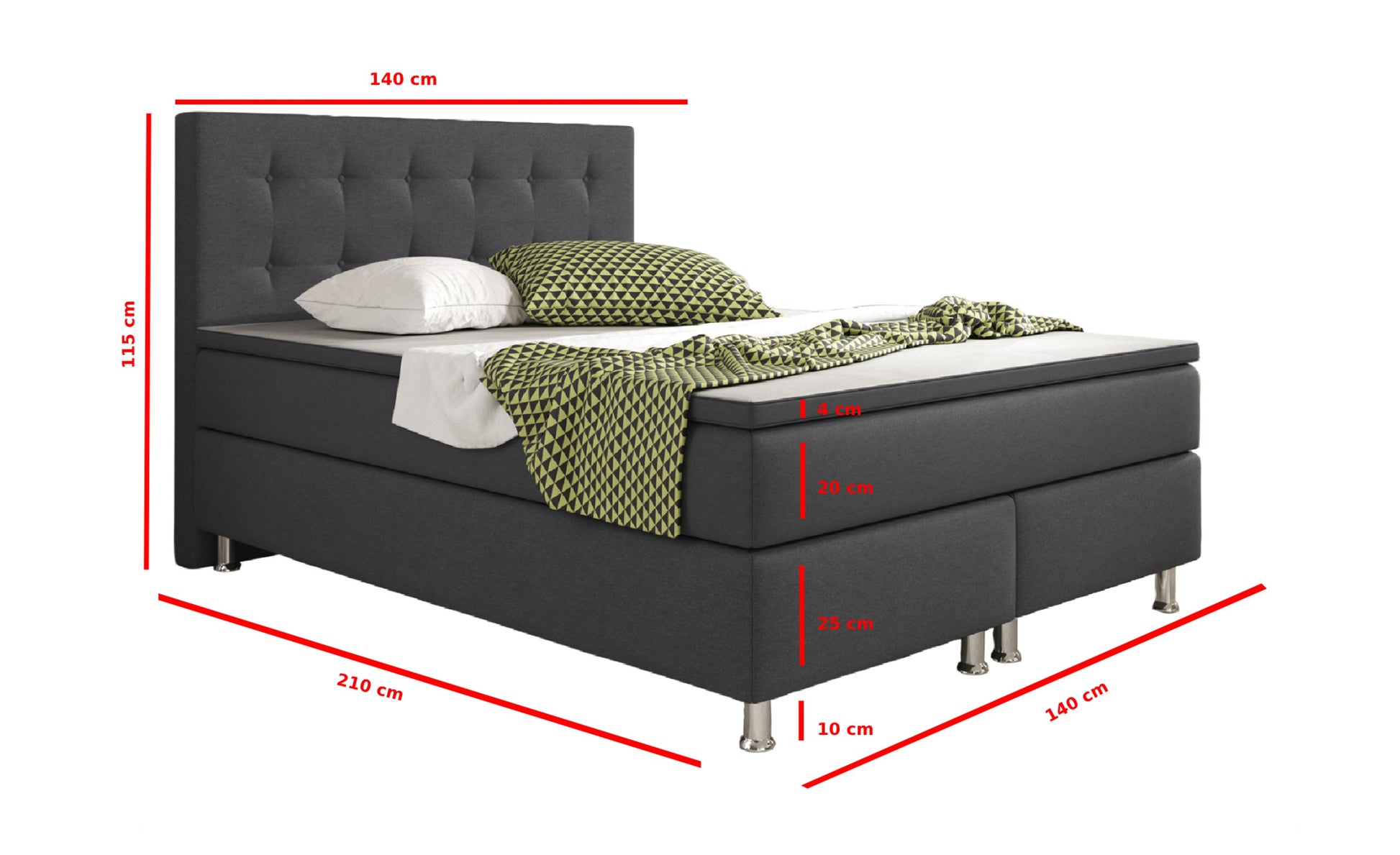 Boxspringbett KN003 140x200 cm Anthrazit – Webstoff, Bonellfederkern & Topper - Interbed