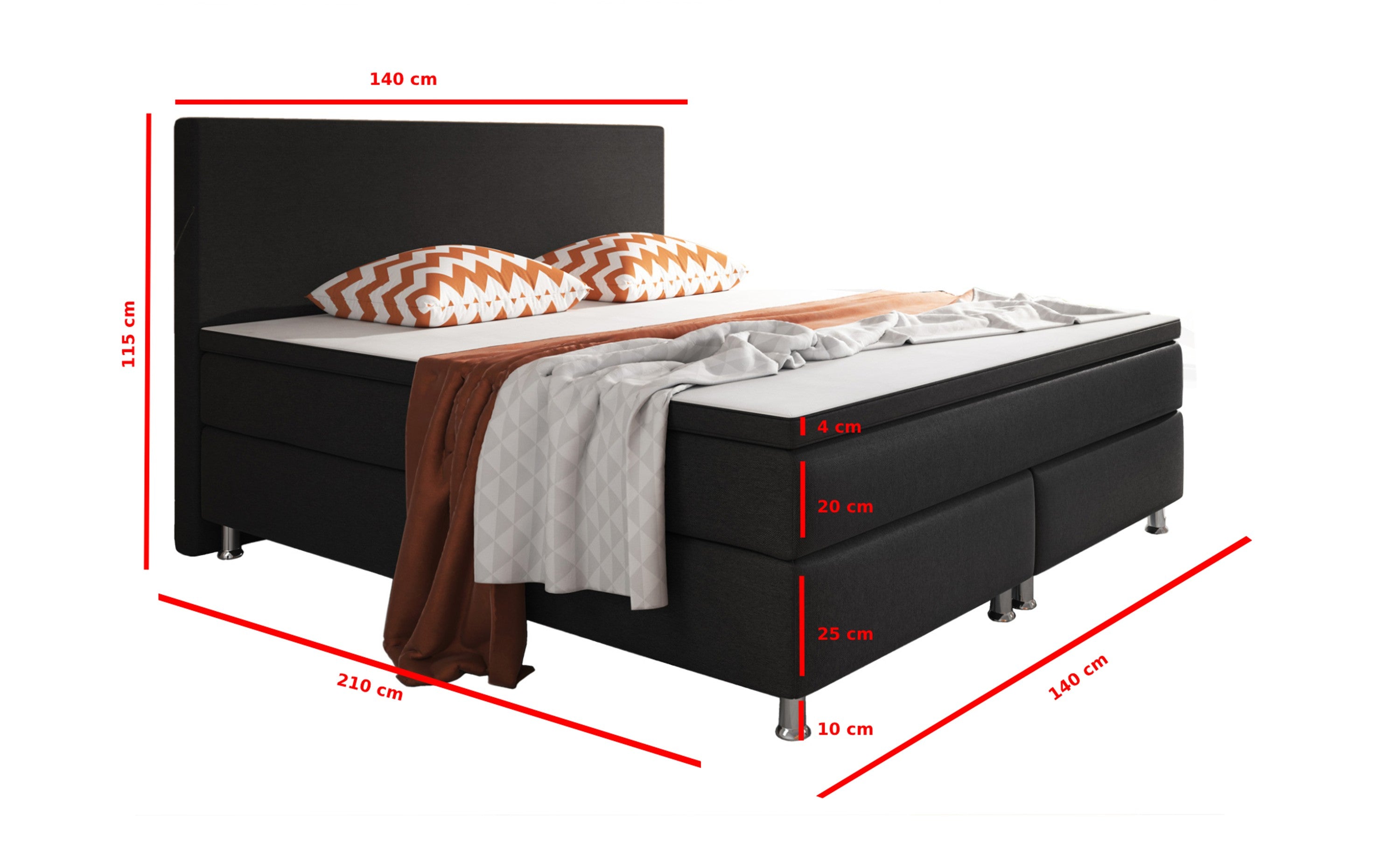 Boxspringbett Köln 140x200 cm – Webstoff Schwarz mit PU-Topper - Interbed