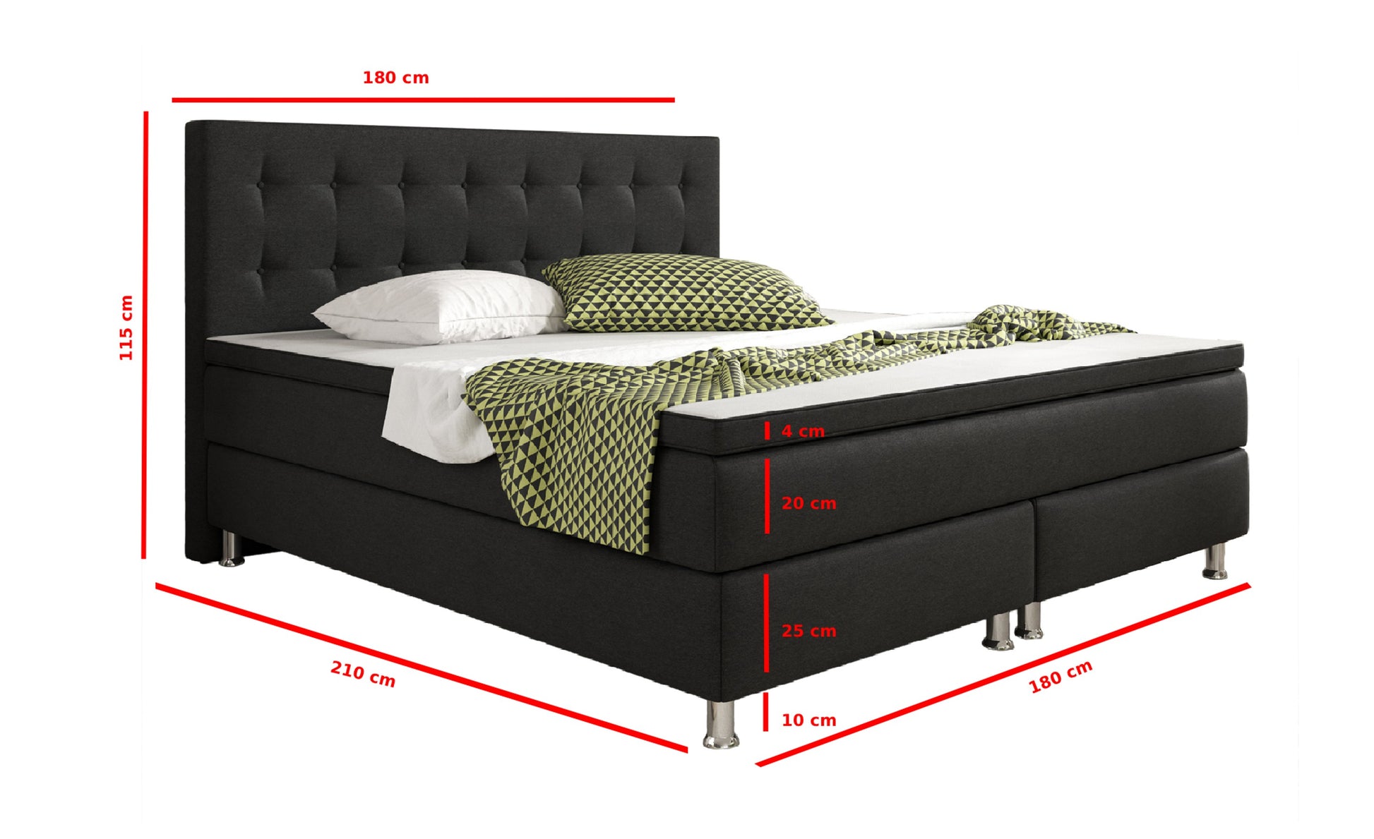 Boxspringbett Köln 180x200 cm Webstoff Schwarz – PU-Topper & Bonell-Federkern (H3) - Interbed