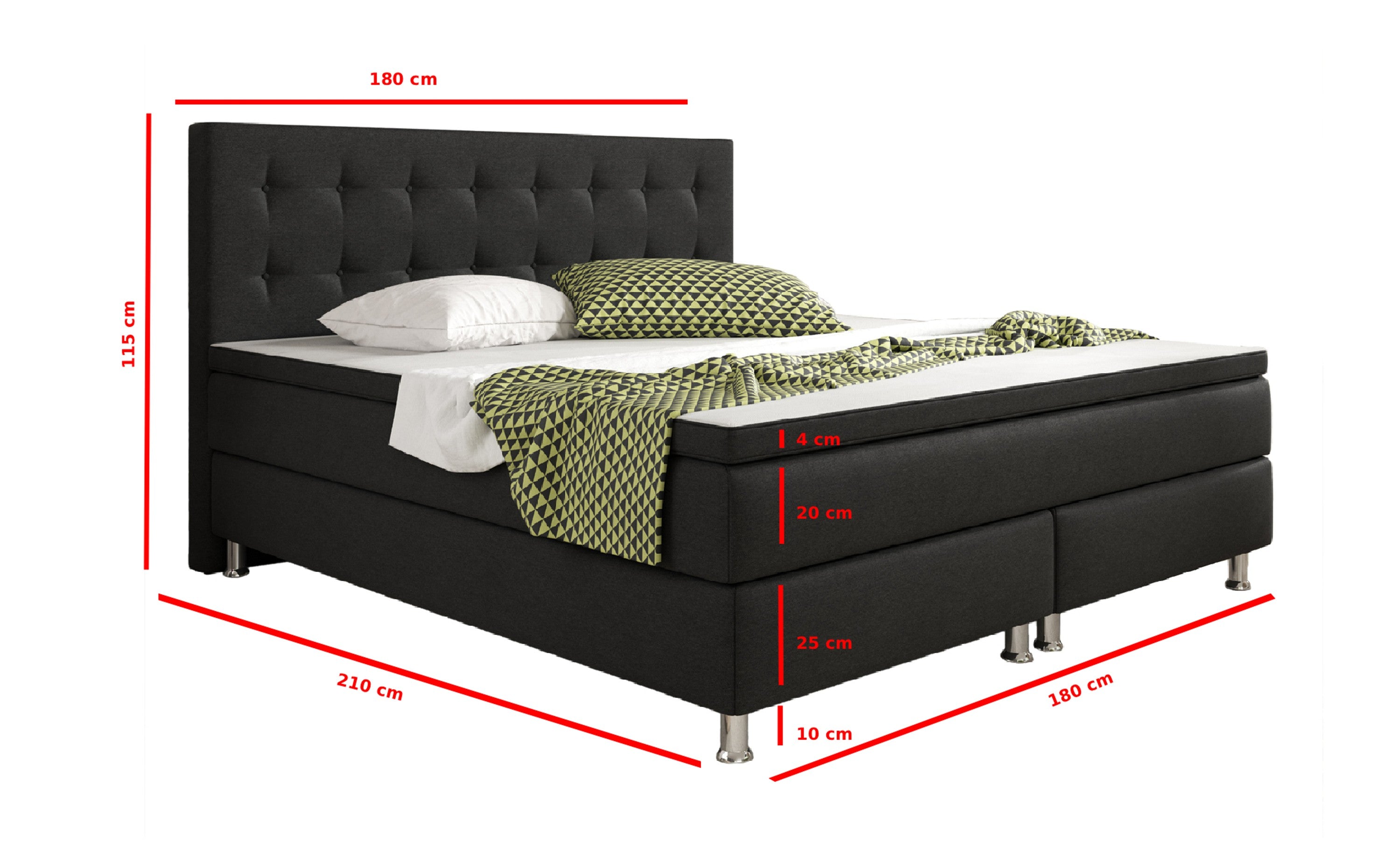 Boxspringbett Köln 180x200 cm Webstoff Schwarz – PU-Topper & Bonell-Federkern (H3) - Interbed
