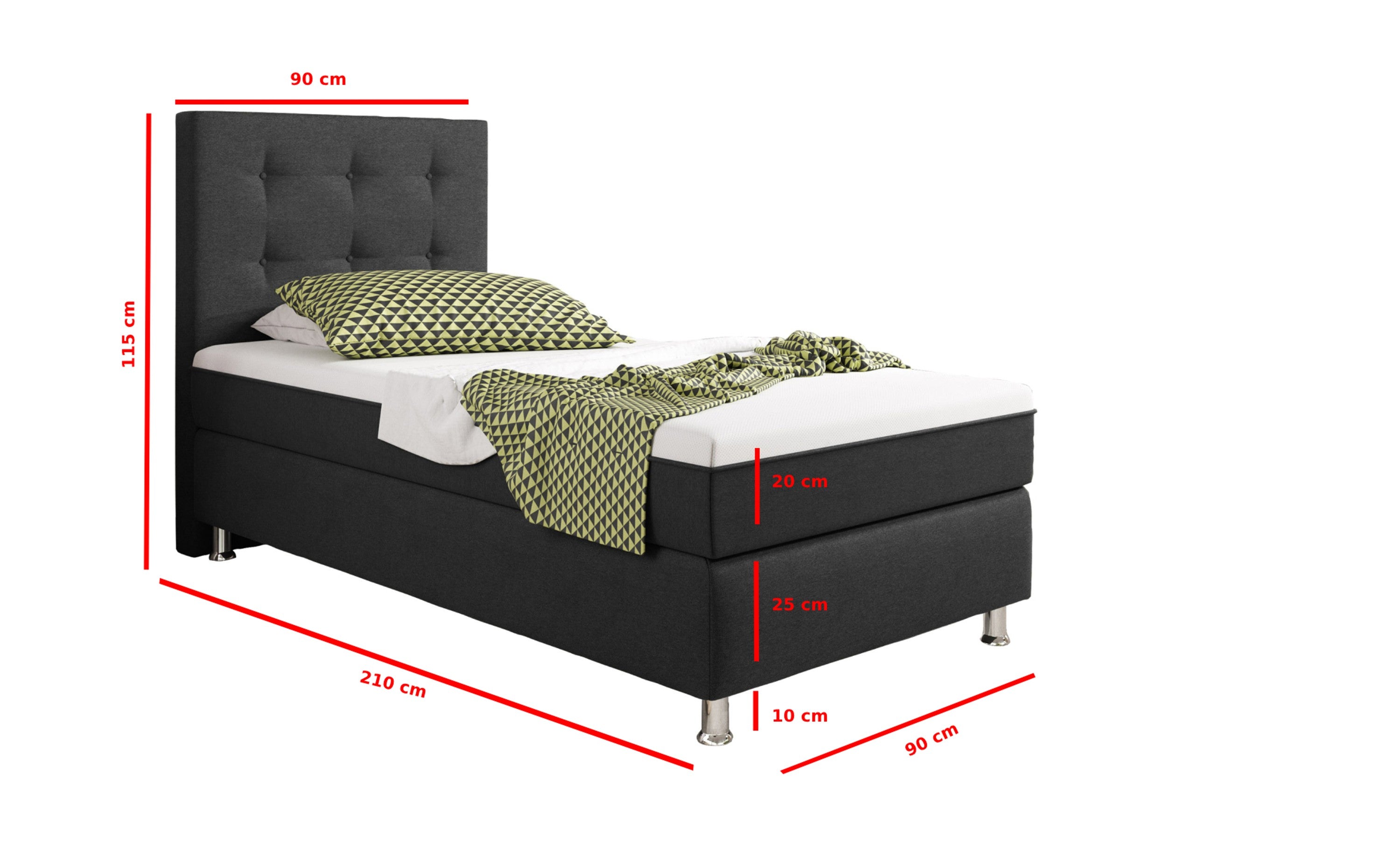 Boxspringbett Köln Plus 90x200 cm Webstoff Anthrazit mit Topper-Optik - Interbed