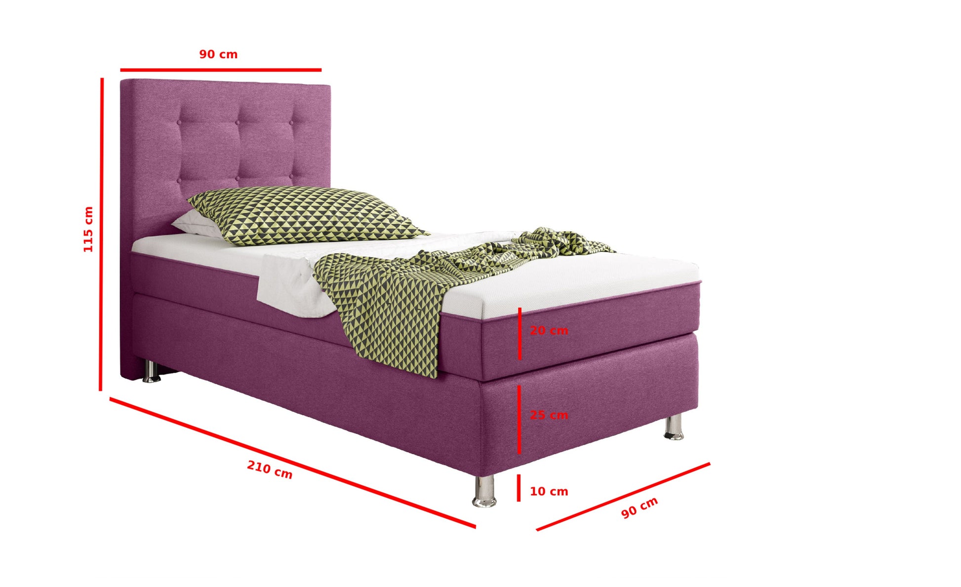 Boxspringbett Köln Plus 90x200 cm Webstoff Pink mit Topper-Optik - Interbed
