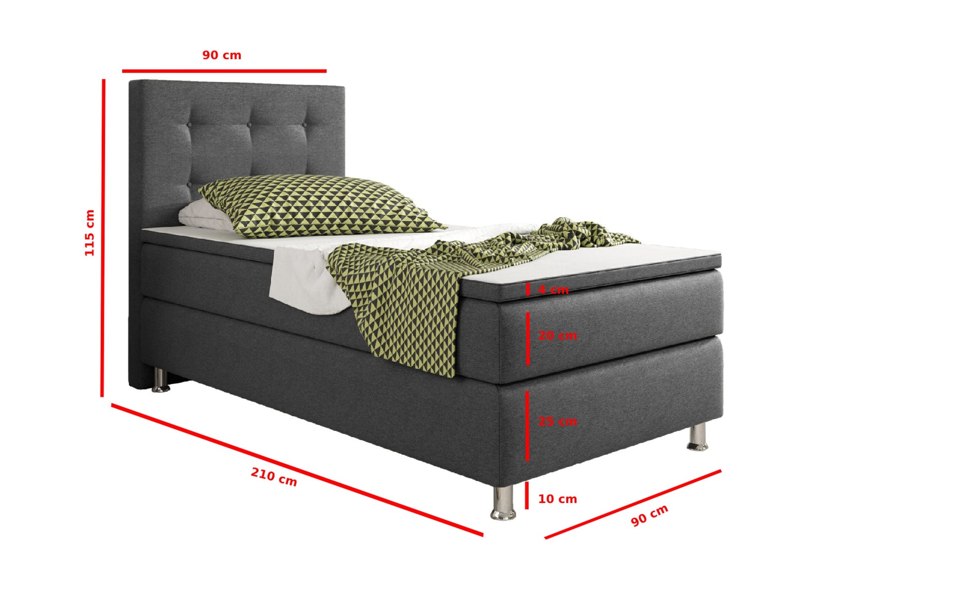 Boxspringbett KN006 90x200 cm – Webstoff Anthrazit mit PU-Topper - Interbed