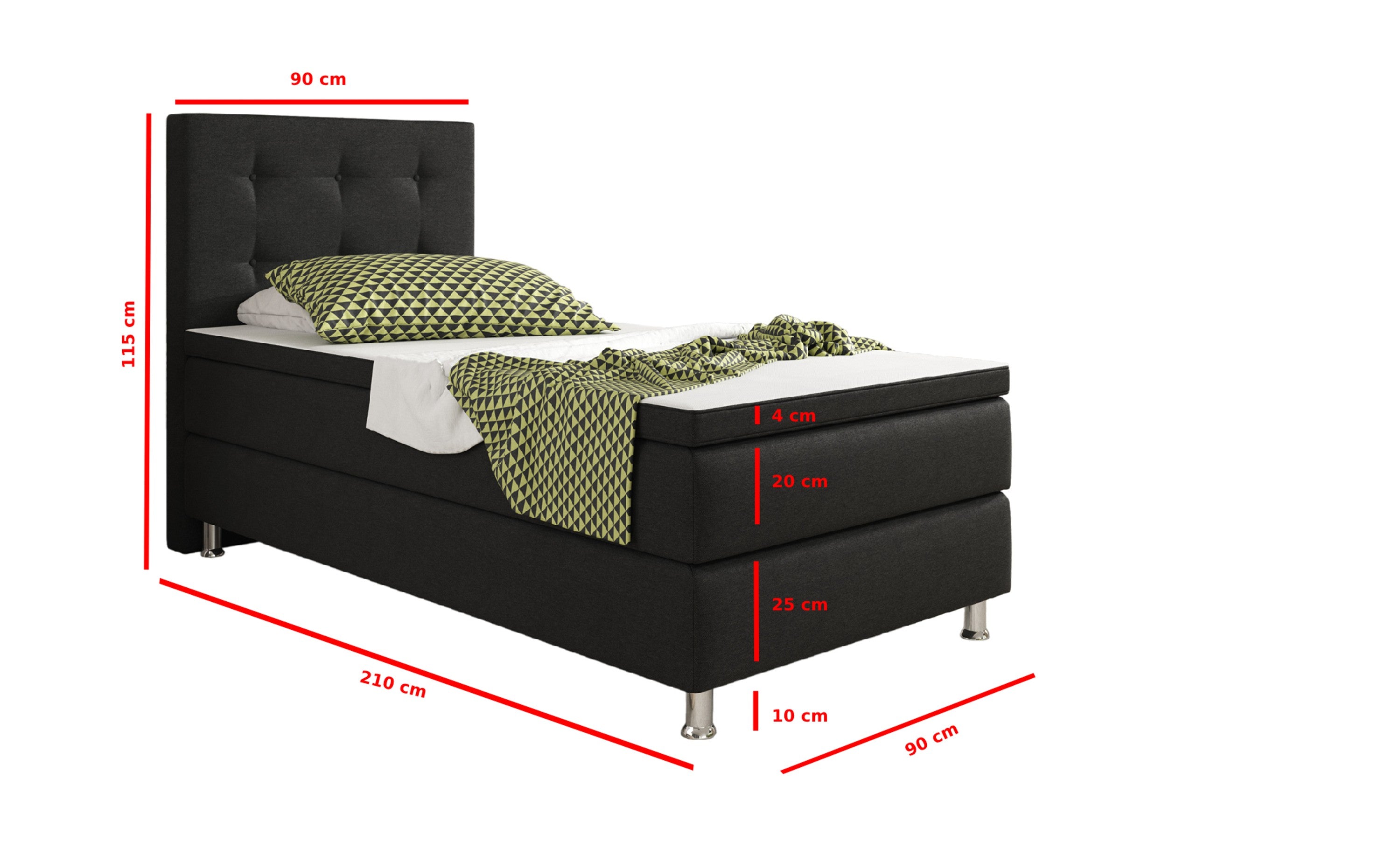 Boxspringbett Köln 90x200 cm – Webstoff Schwarz mit PU-Topper - Interbed