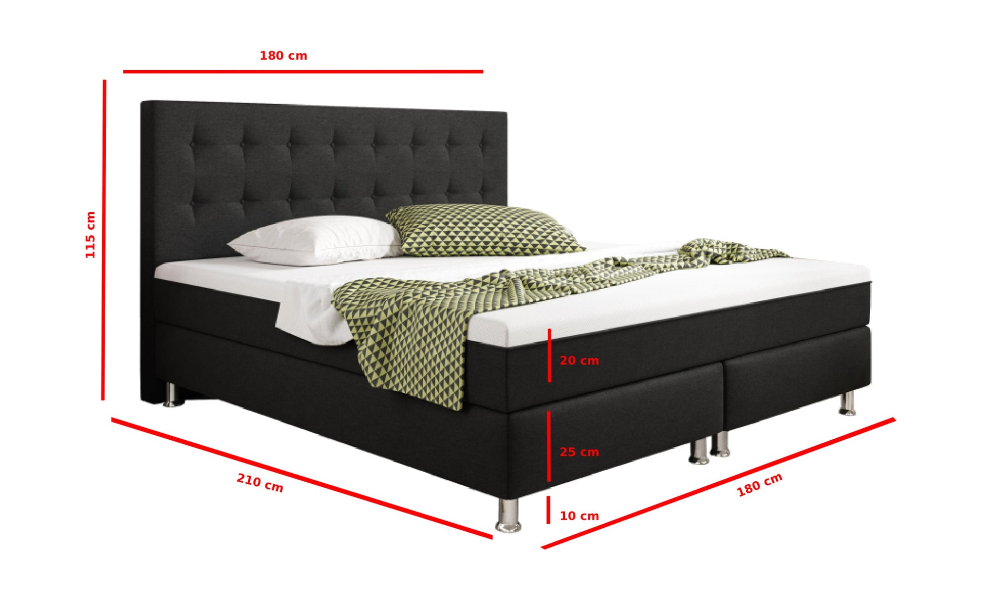 Boxspringbett Köln Plus 180x200 cm Webstoff Schwarz mit Topper-Optik - Interbed