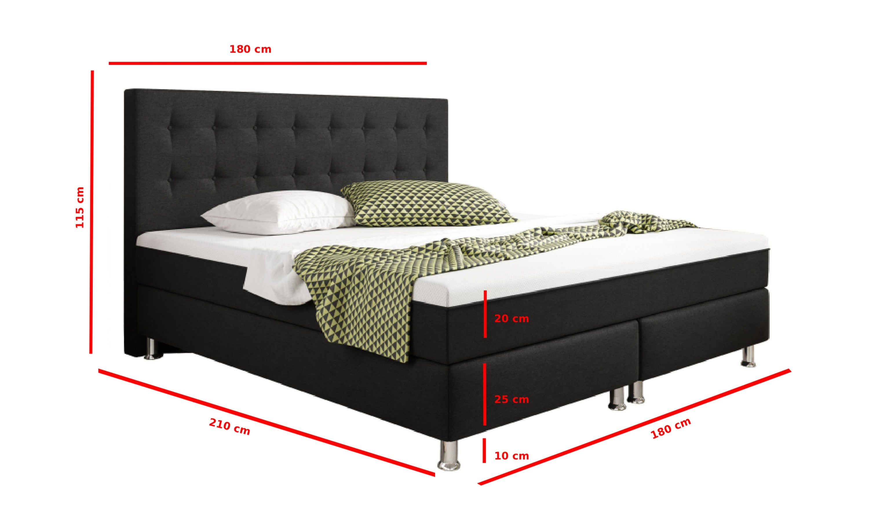 Boxspringbett Köln Plus 180x200 cm Webstoff Schwarz mit Topper-Optik - Interbed