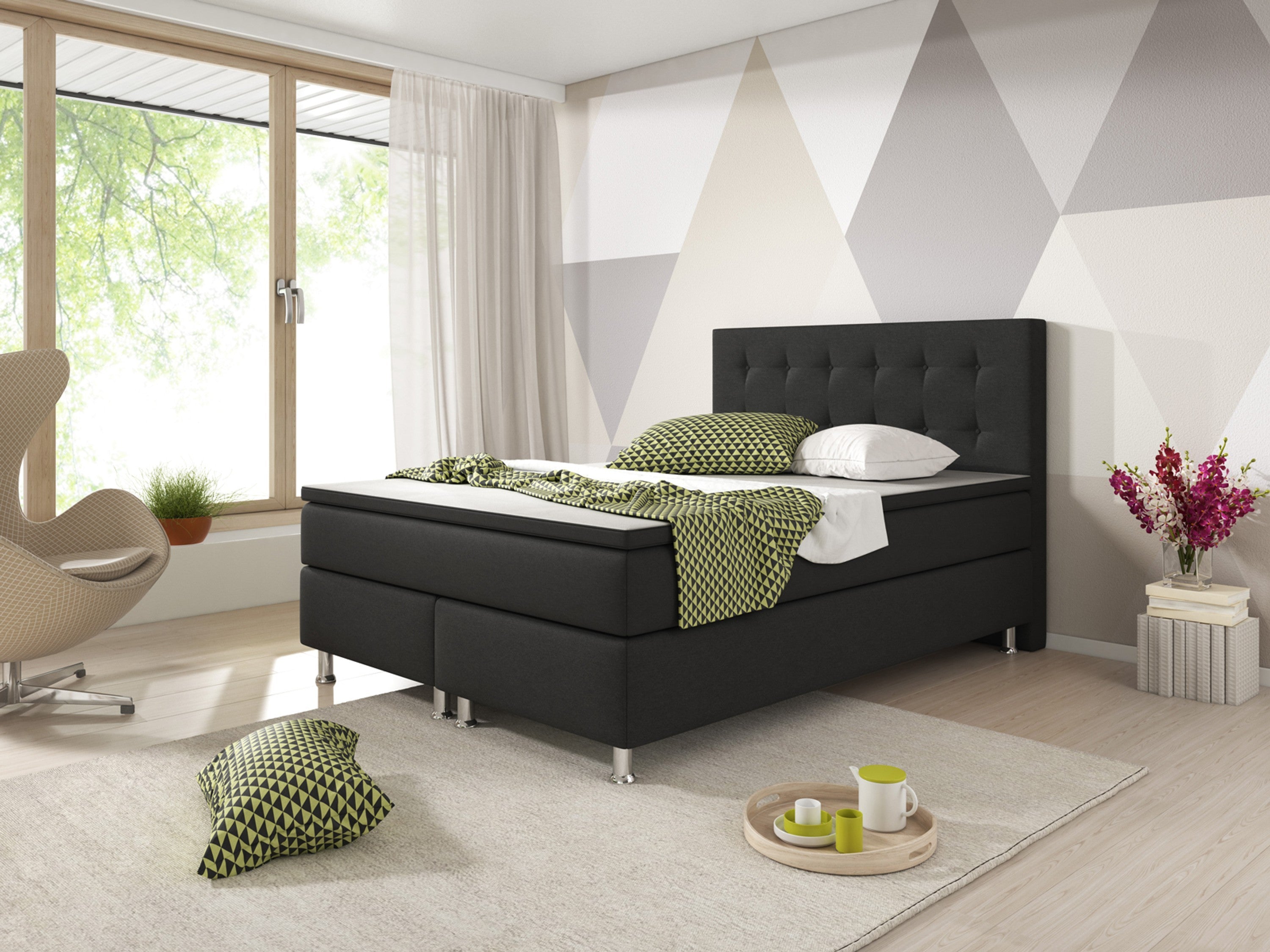 Boxspringbett KN002 140x200 cm – Webstoff Schwarz mit PU-Topper - Interbed