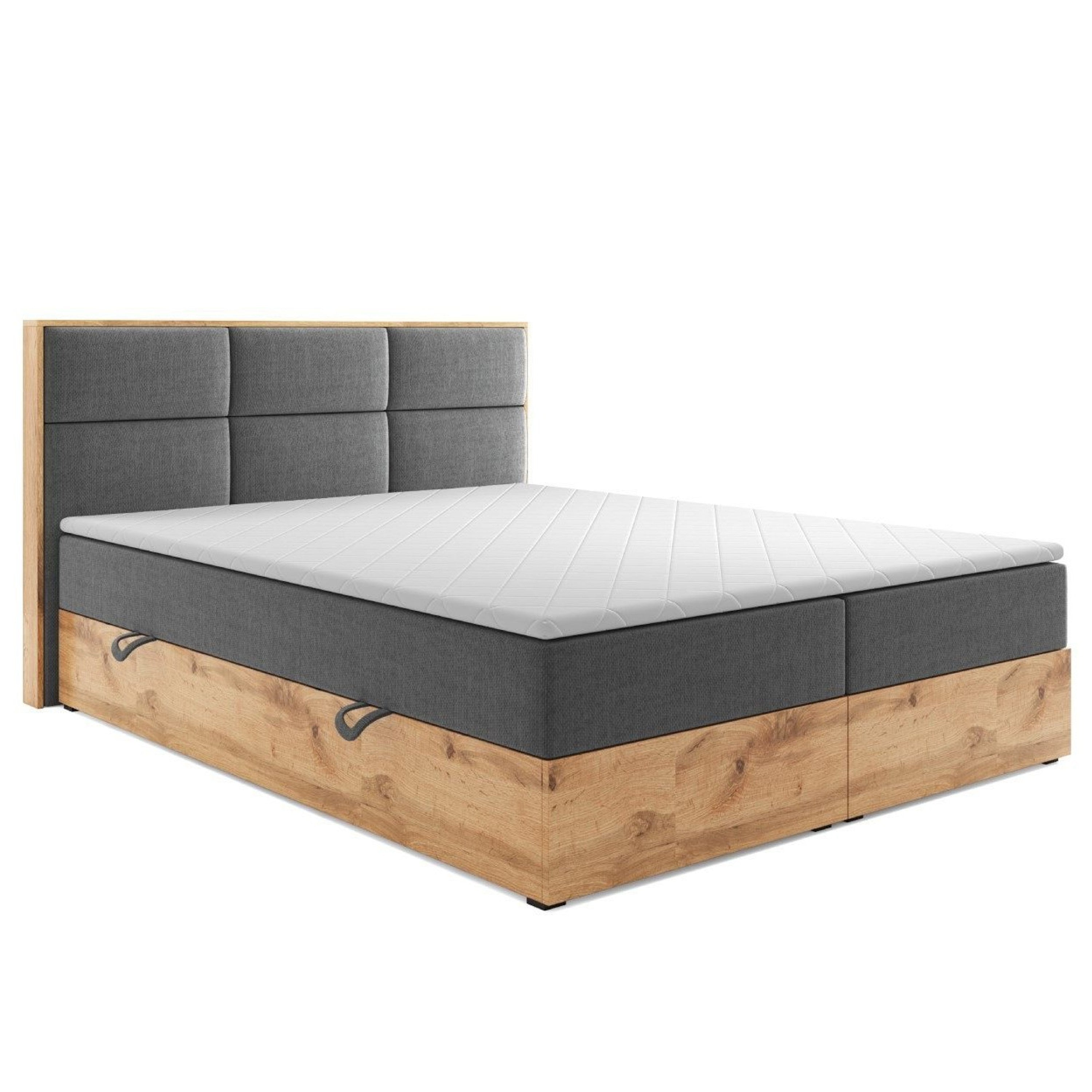 Boxspringbett KOPENHAGEN 180x200cm Grau Bettkasten Eiche Nachbildung - Interbed