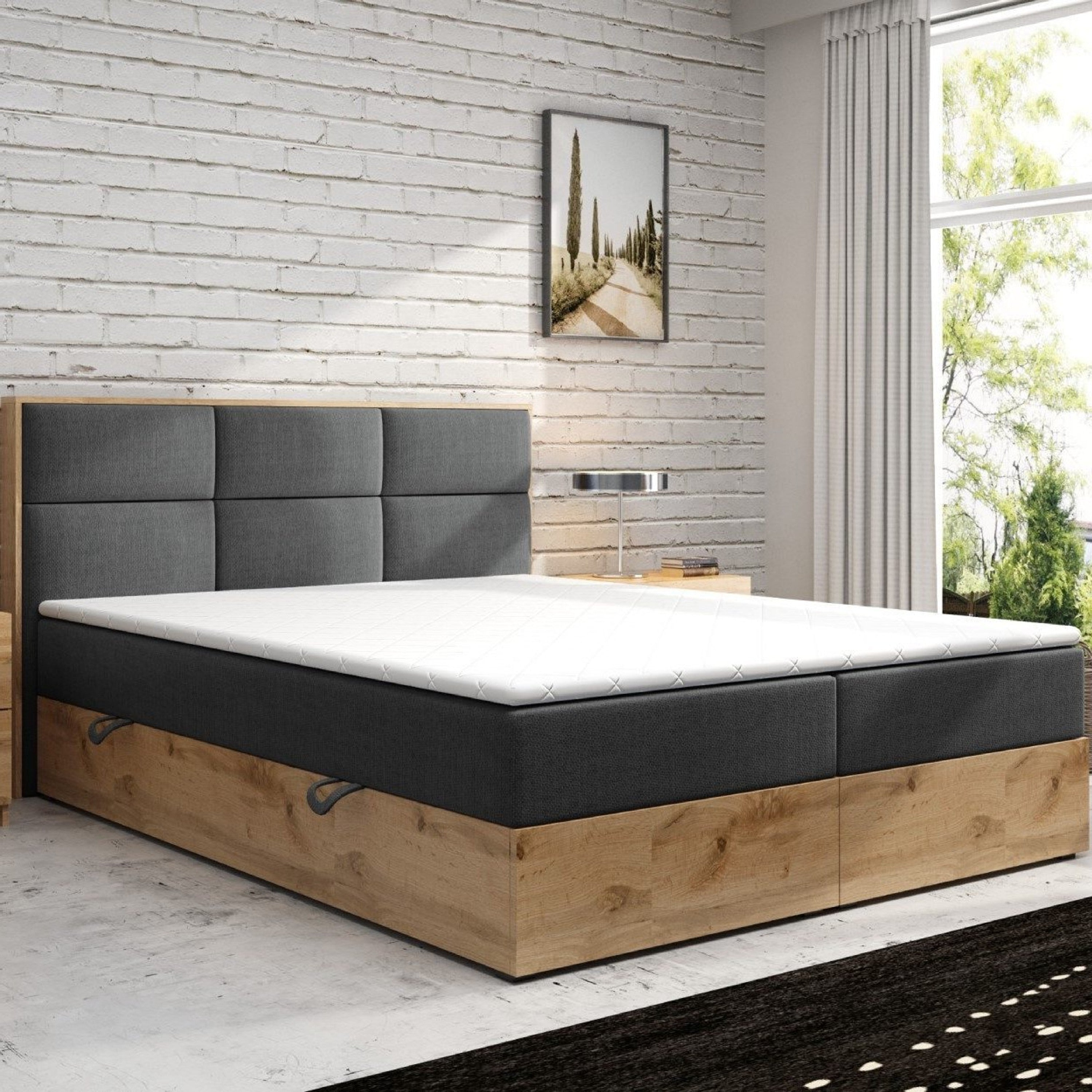 Boxspringbett KOPENHAGEN 180x200cm Grau Bettkasten Eiche Nachbildung - Interbed