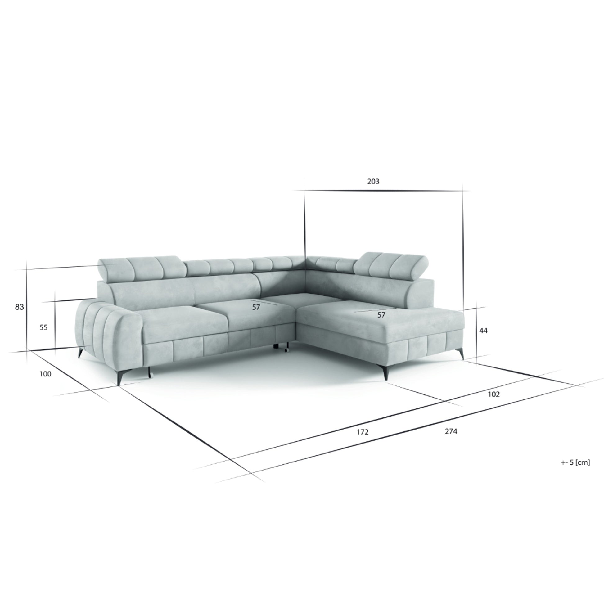 Ecksofa LIMA Samt Grau Anthrazit mit Bett Bettkasten Kopfteilverstellung - Interbed