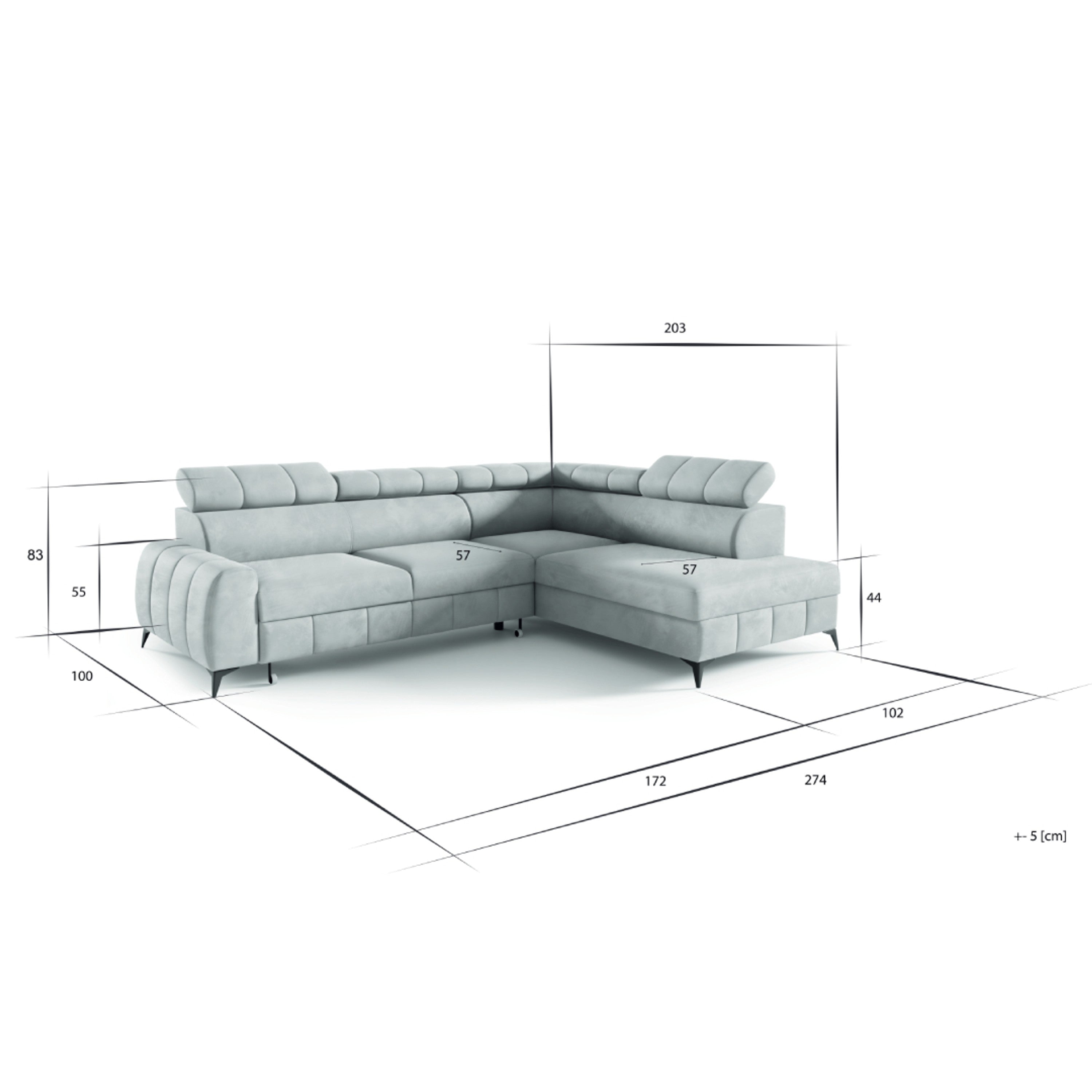 Ecksofa LIMA Samt Grau Anthrazit mit Bett Bettkasten Kopfteilverstellung - Interbed