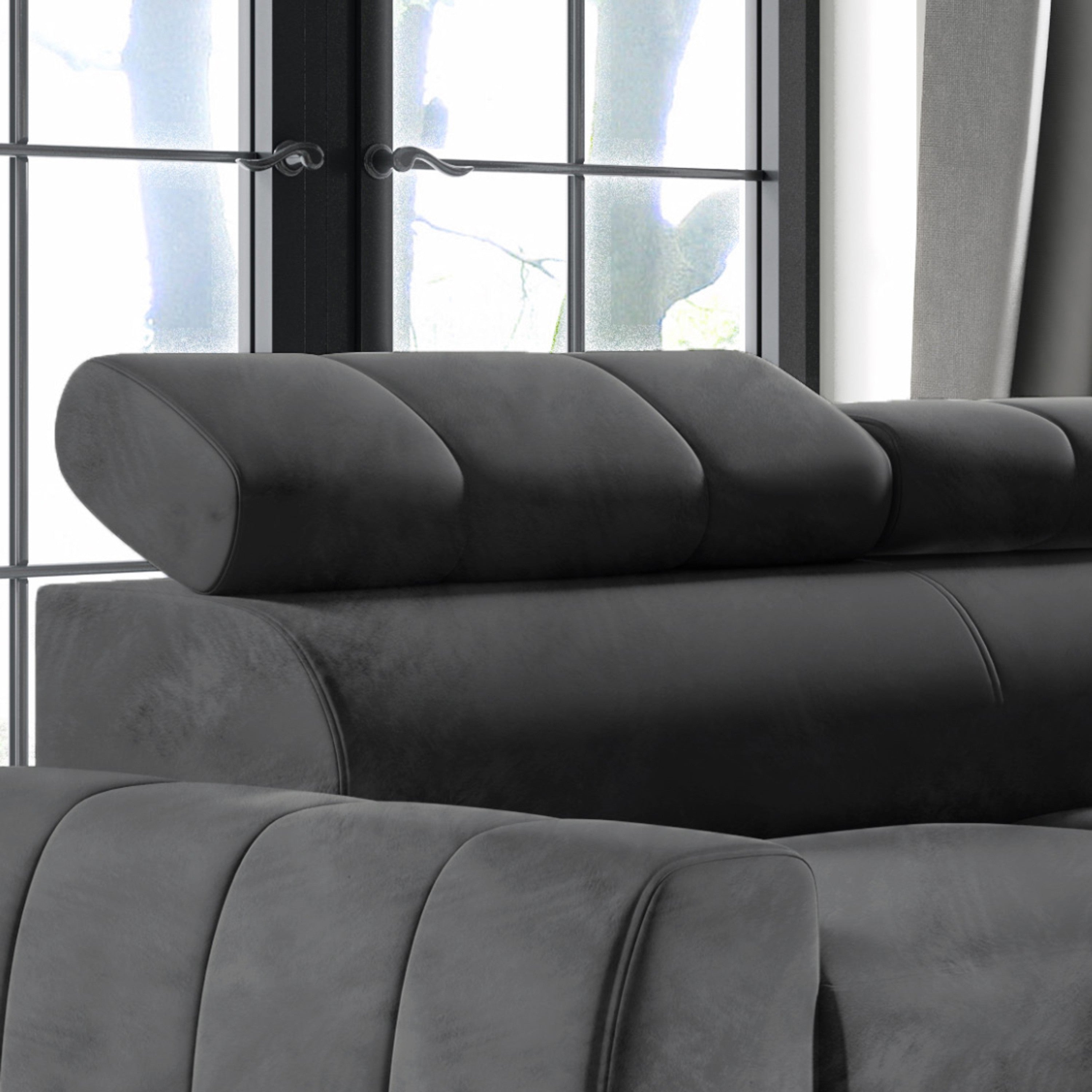 Ecksofa LIMA Samt Grau Anthrazit mit Bett Bettkasten Kopfteilverstellung - Interbed