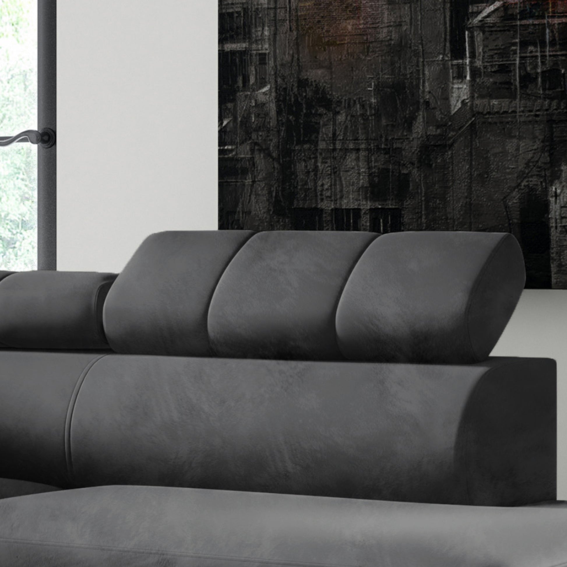 Ecksofa LIMA Samt Grau Anthrazit mit Bett Bettkasten Kopfteilverstellung - Interbed