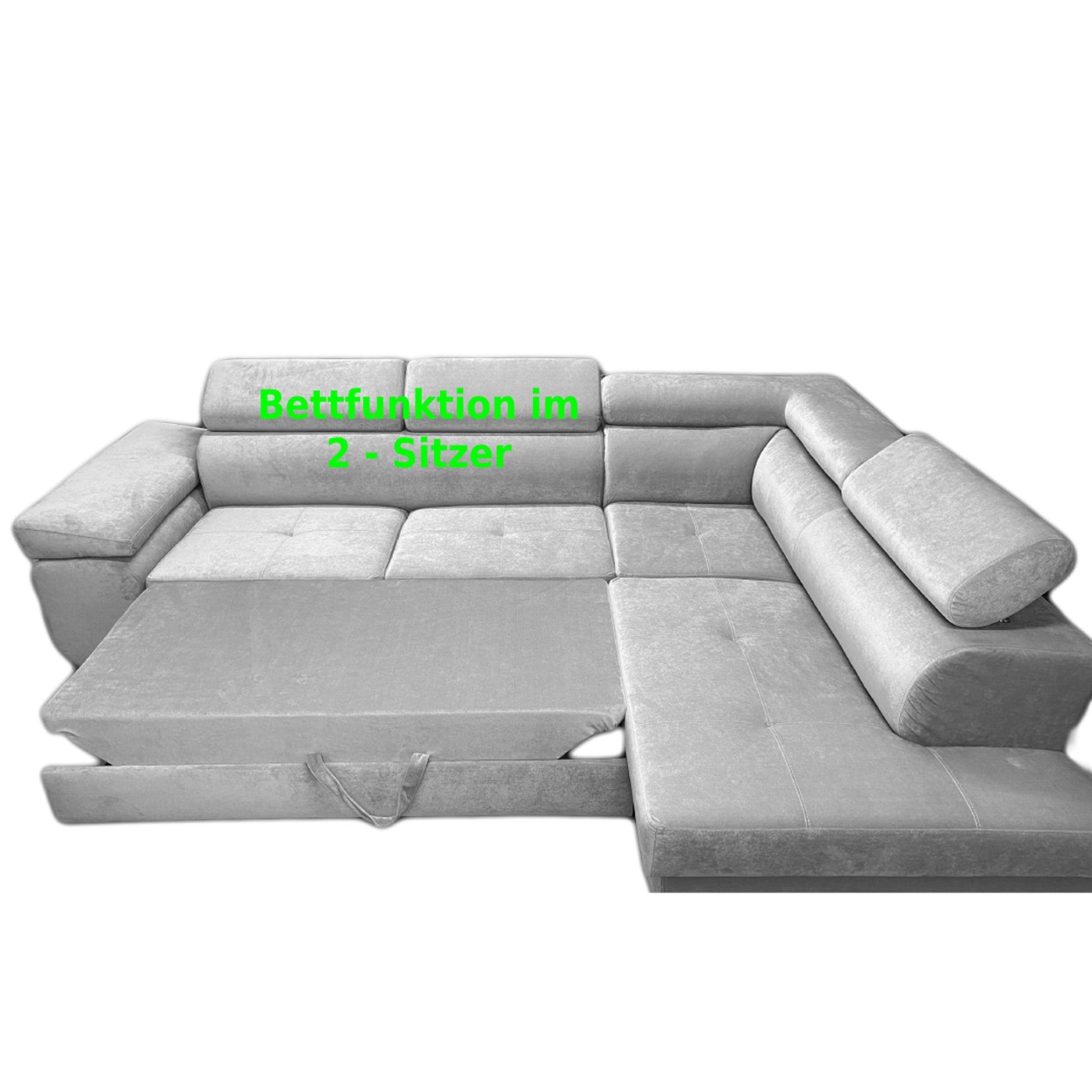 Ecksofa LIMA Samt Grau Anthrazit mit Bett Bettkasten Kopfteilverstellung - Interbed