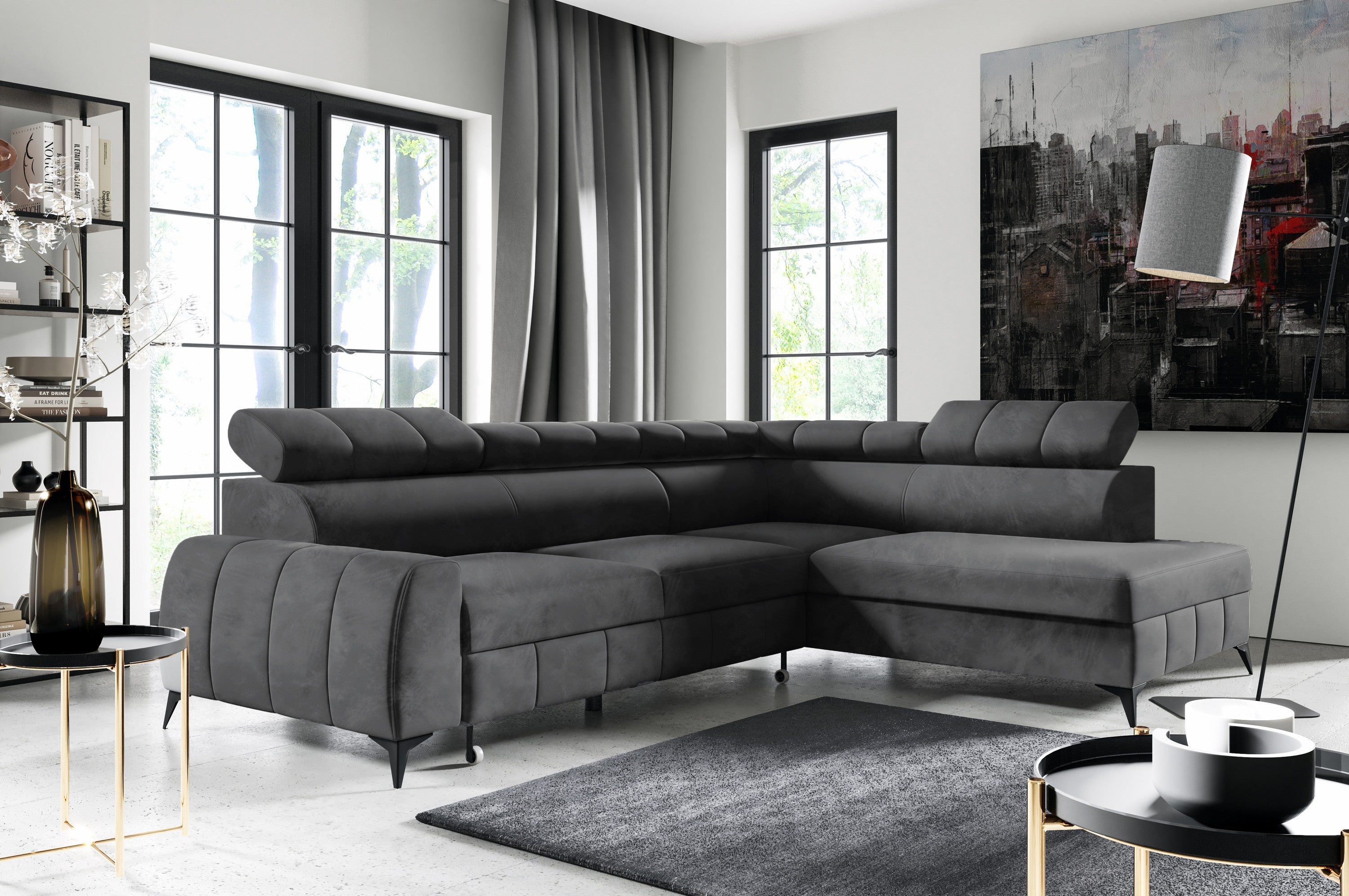 Ecksofa LIMA Samt Grau Anthrazit mit Bett Bettkasten Kopfteilverstellung - Interbed